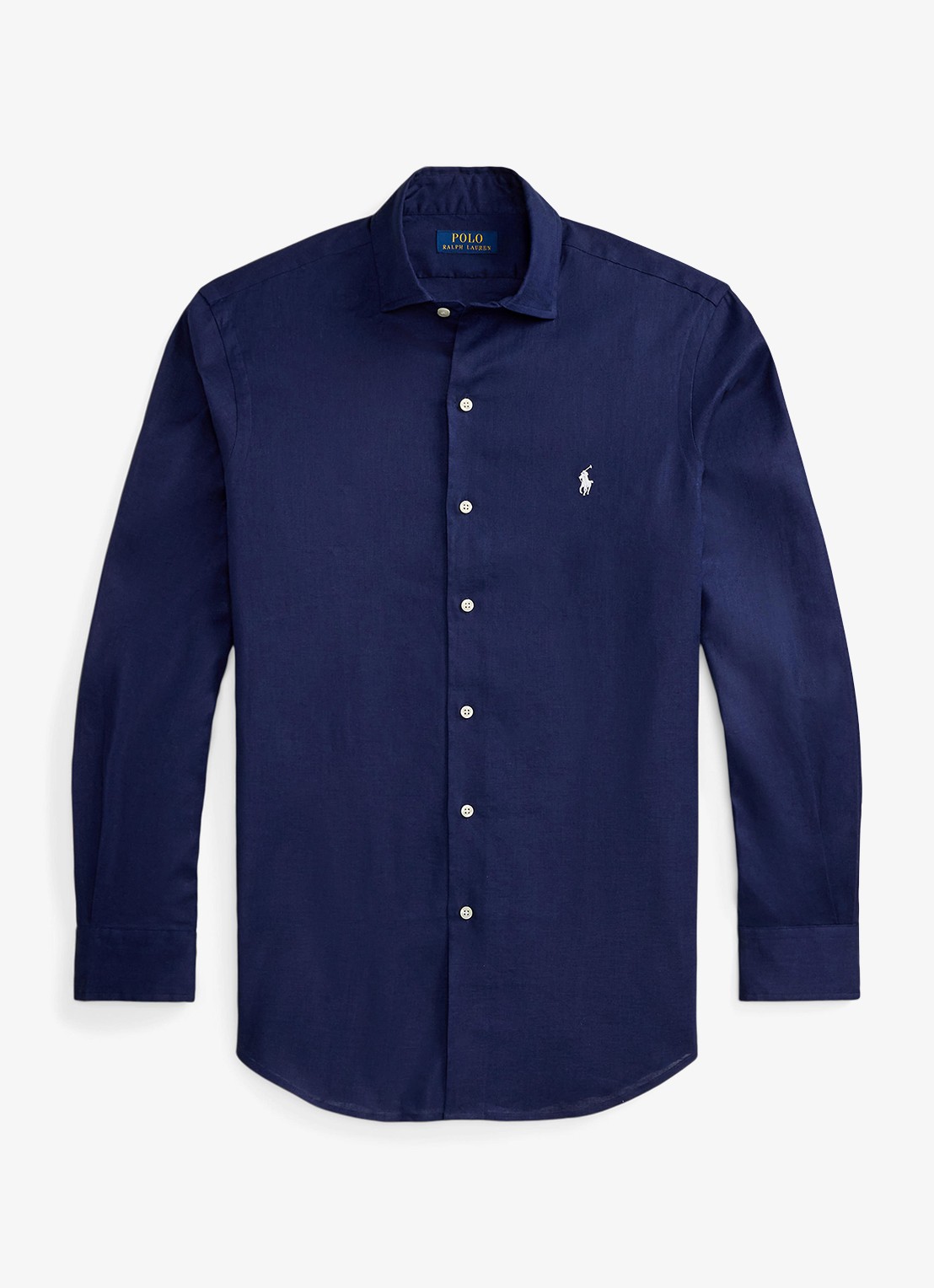 Ralph Lauren Custom fit overhemd in linnenblend met logo - voorkant newport navy / donkerblauw