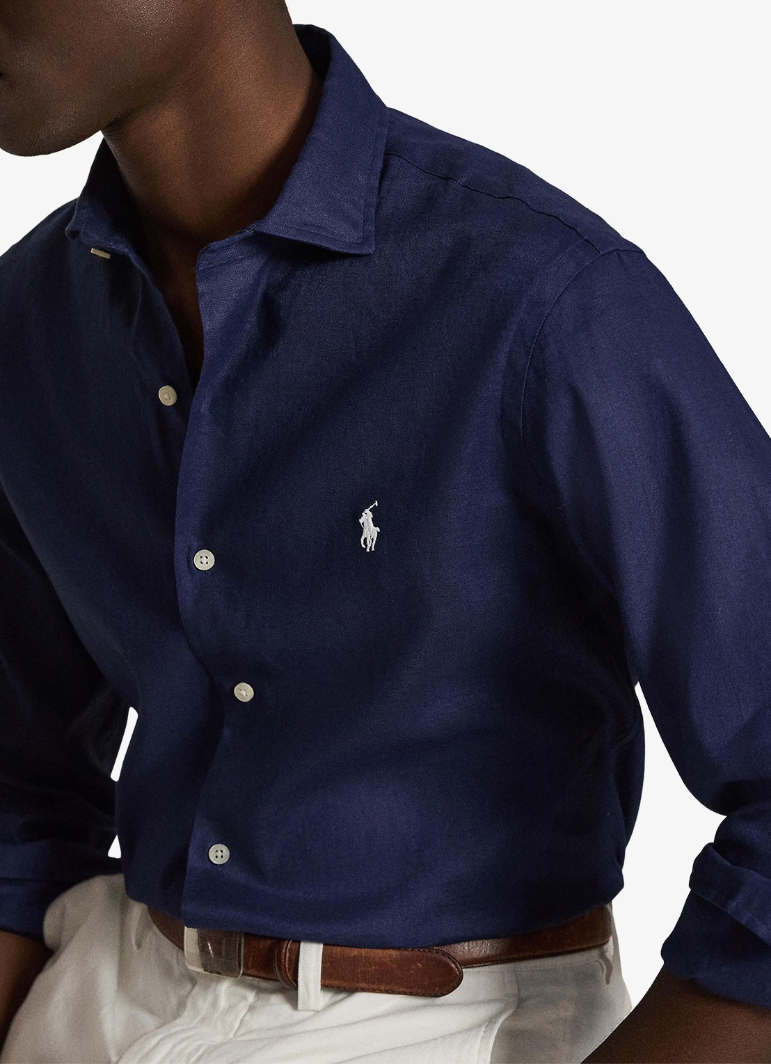 Ralph Lauren Custom fit overhemd in linnenblend met logo - voorkant 2 newport navy / donkerblauw
