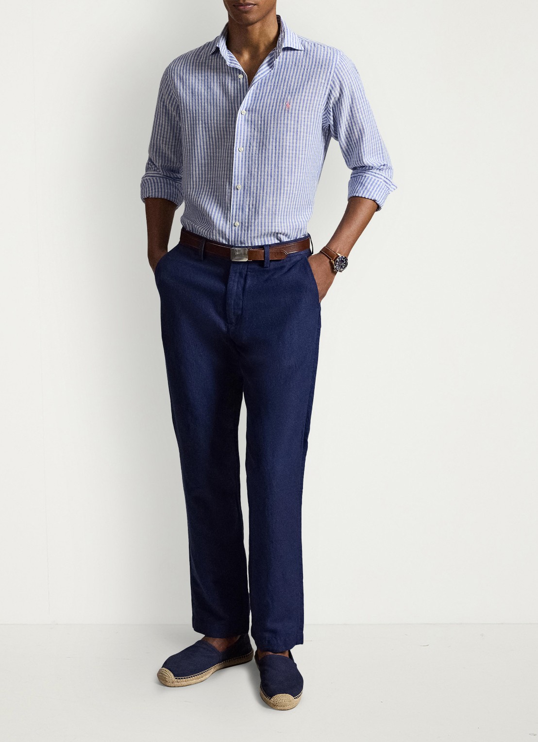Ralph Lauren Custom fit overhemd in linnenblend met streepprint - detail 3 blue white / blauw