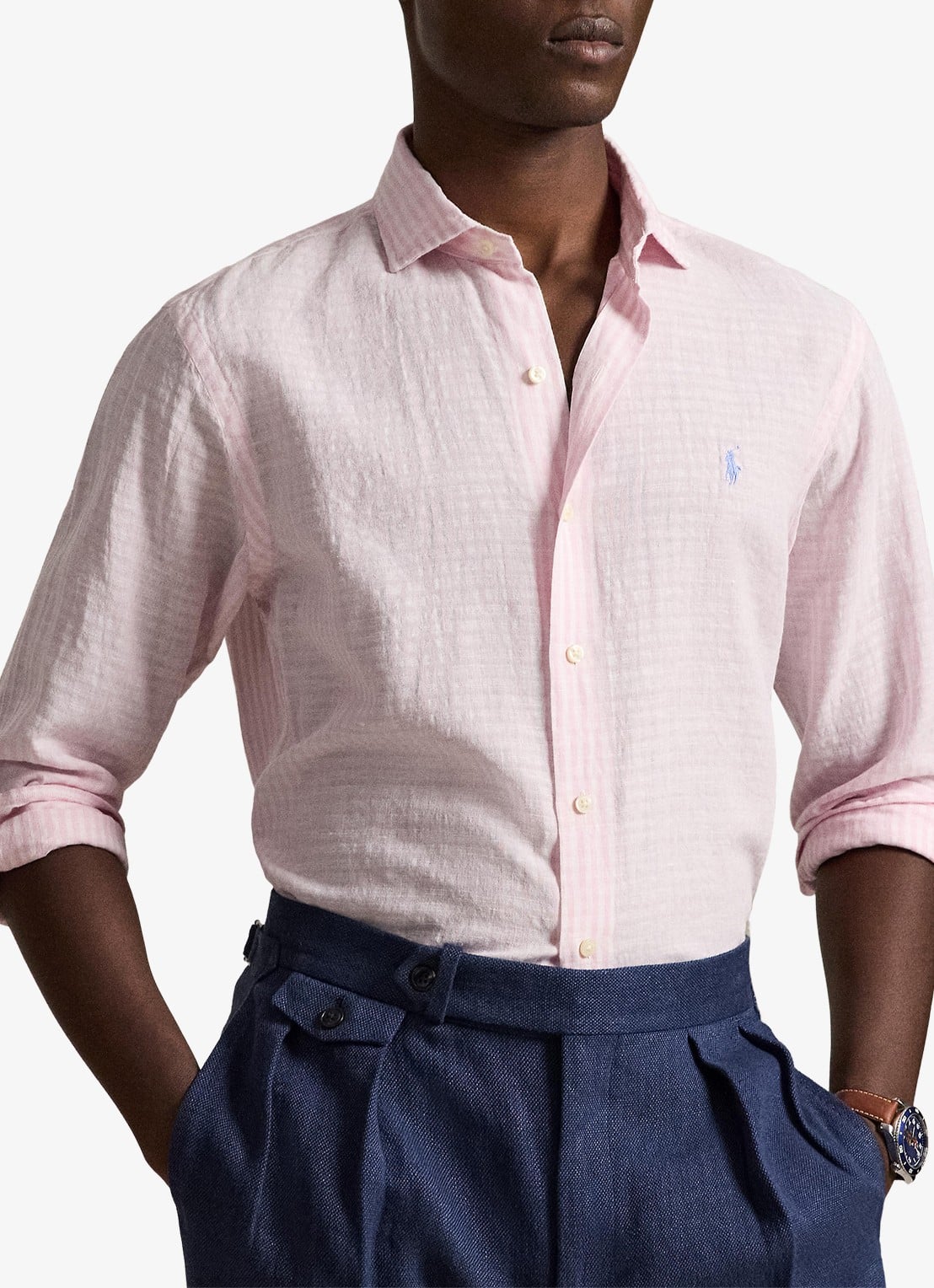 Ralph Lauren Custom fit overhemd in linnenblend met streepprint - detail pink white / roze