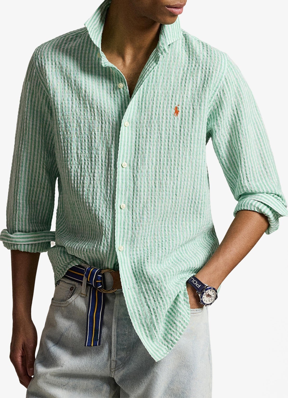 Ralph Lauren Custom fit overhemd in linnenblend met streepprint - detail 2 green white / groen