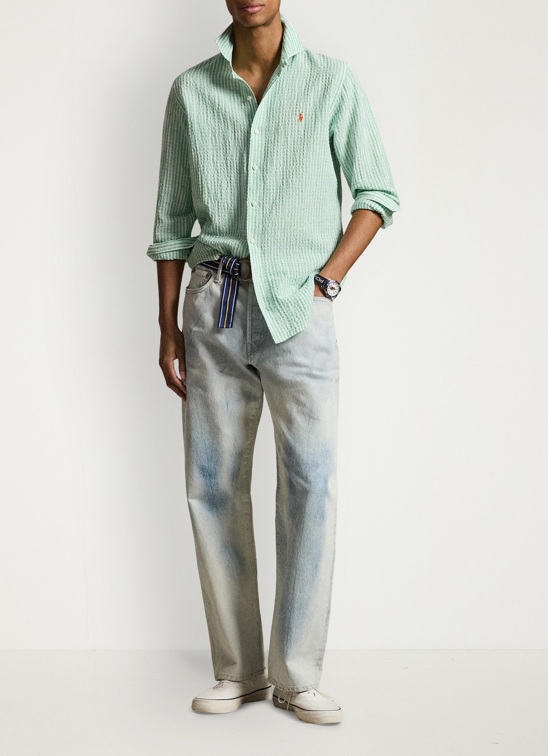 Ralph Lauren Custom fit overhemd in linnenblend met streepprint - detail 4 green white / groen