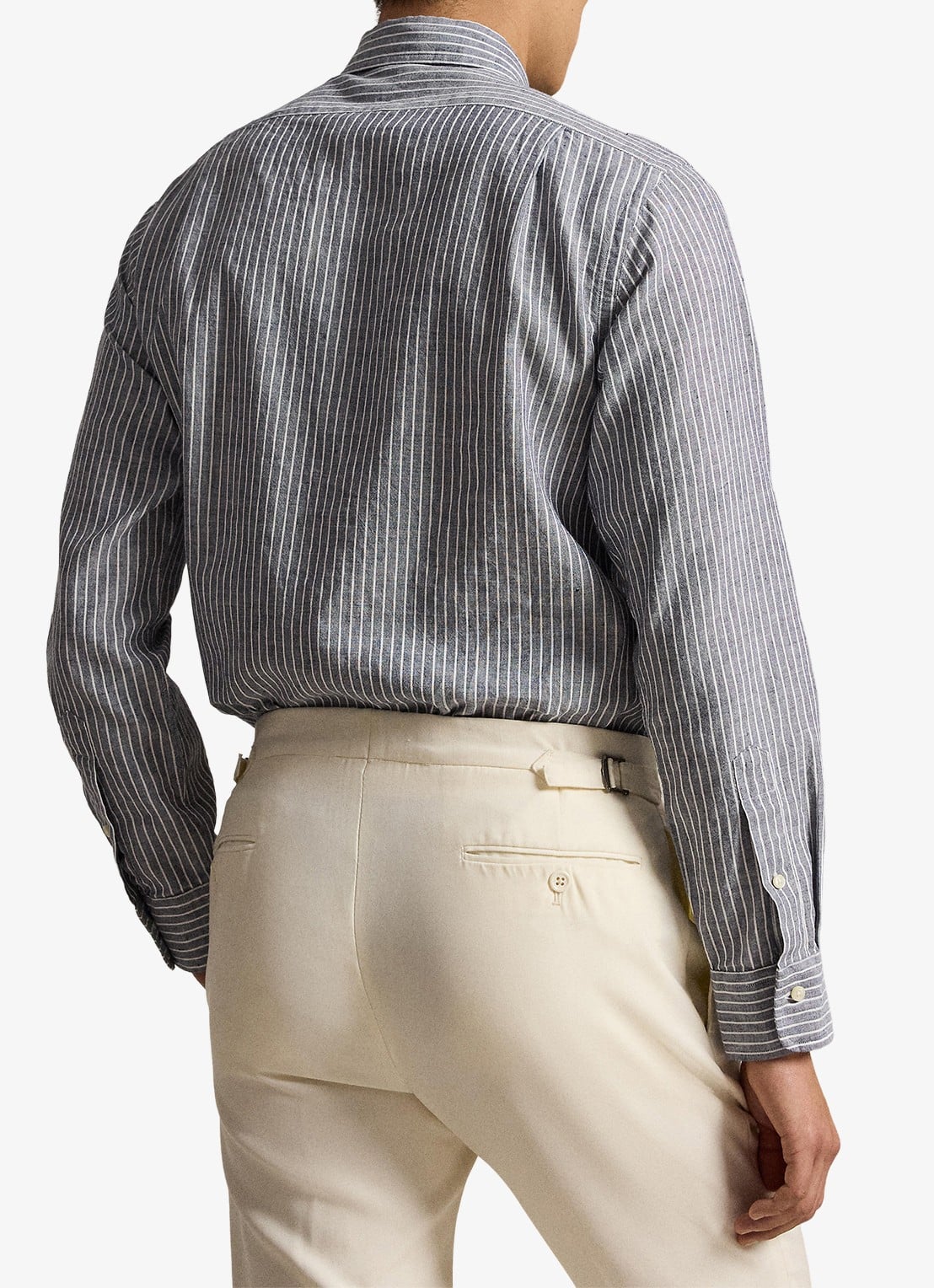 Ralph Lauren Custom fit overhemd in linnenblend met streepprint - achterkant 3 newport navy white / blauw