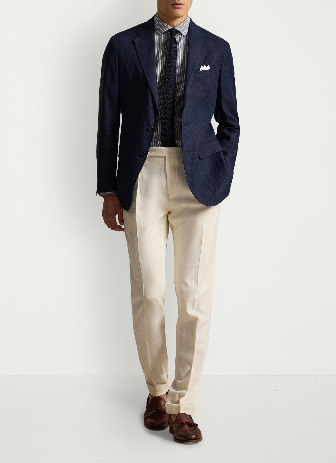 Ralph Lauren Custom fit overhemd in linnenblend met streepprint - detail newport navy white / blauw