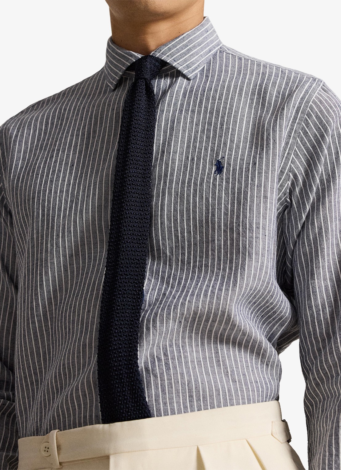 Ralph Lauren Custom fit overhemd in linnenblend met streepprint - detail 2 newport navy white / blauw