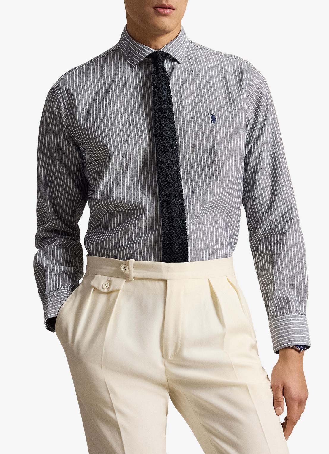 Ralph Lauren Custom fit overhemd in linnenblend met streepprint - voorkant 5 newport navy white / blauw