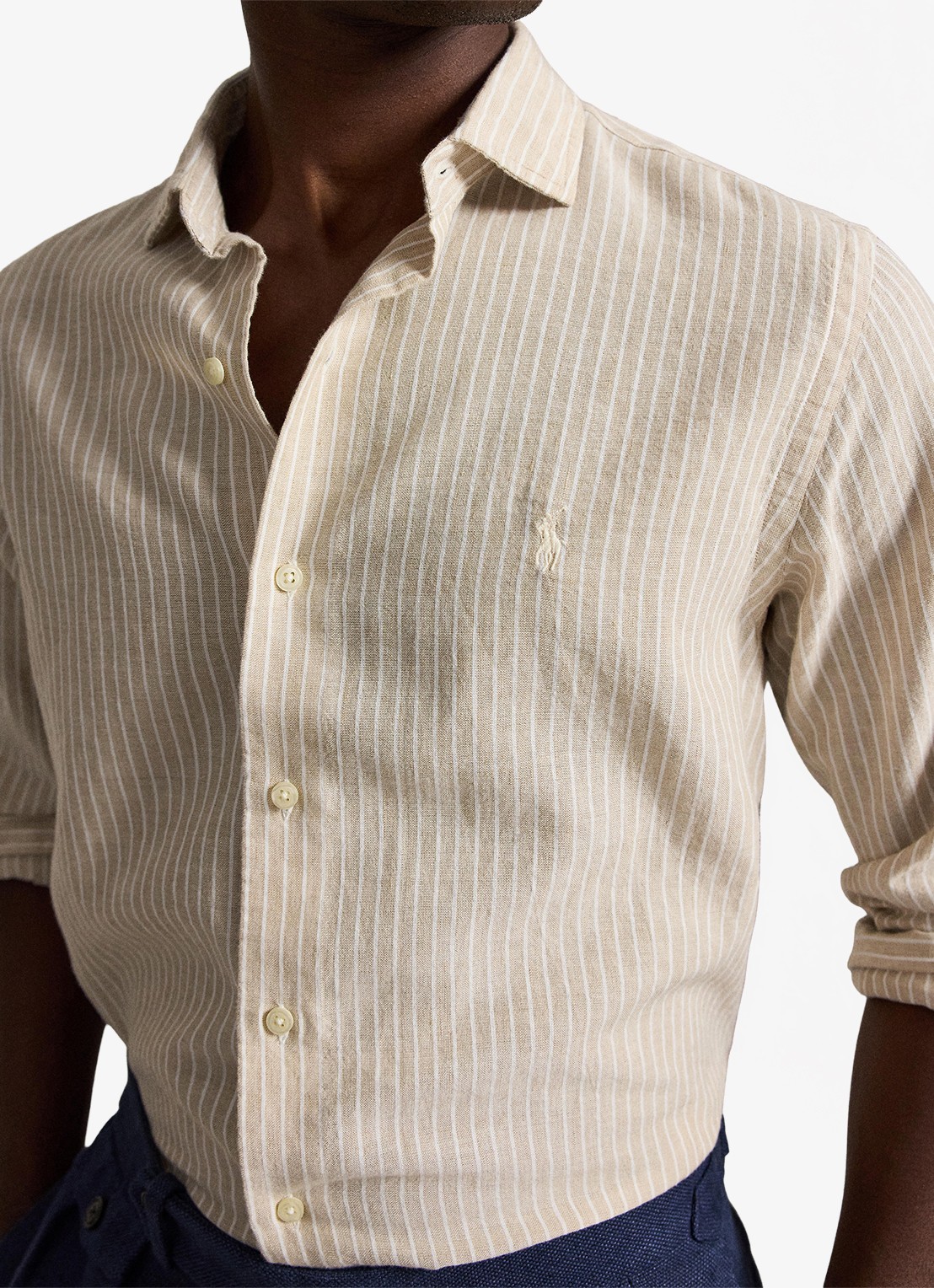Ralph Lauren Custom fit overhemd in linnenblend met streepprint - detail 3 coastal beige white / beige