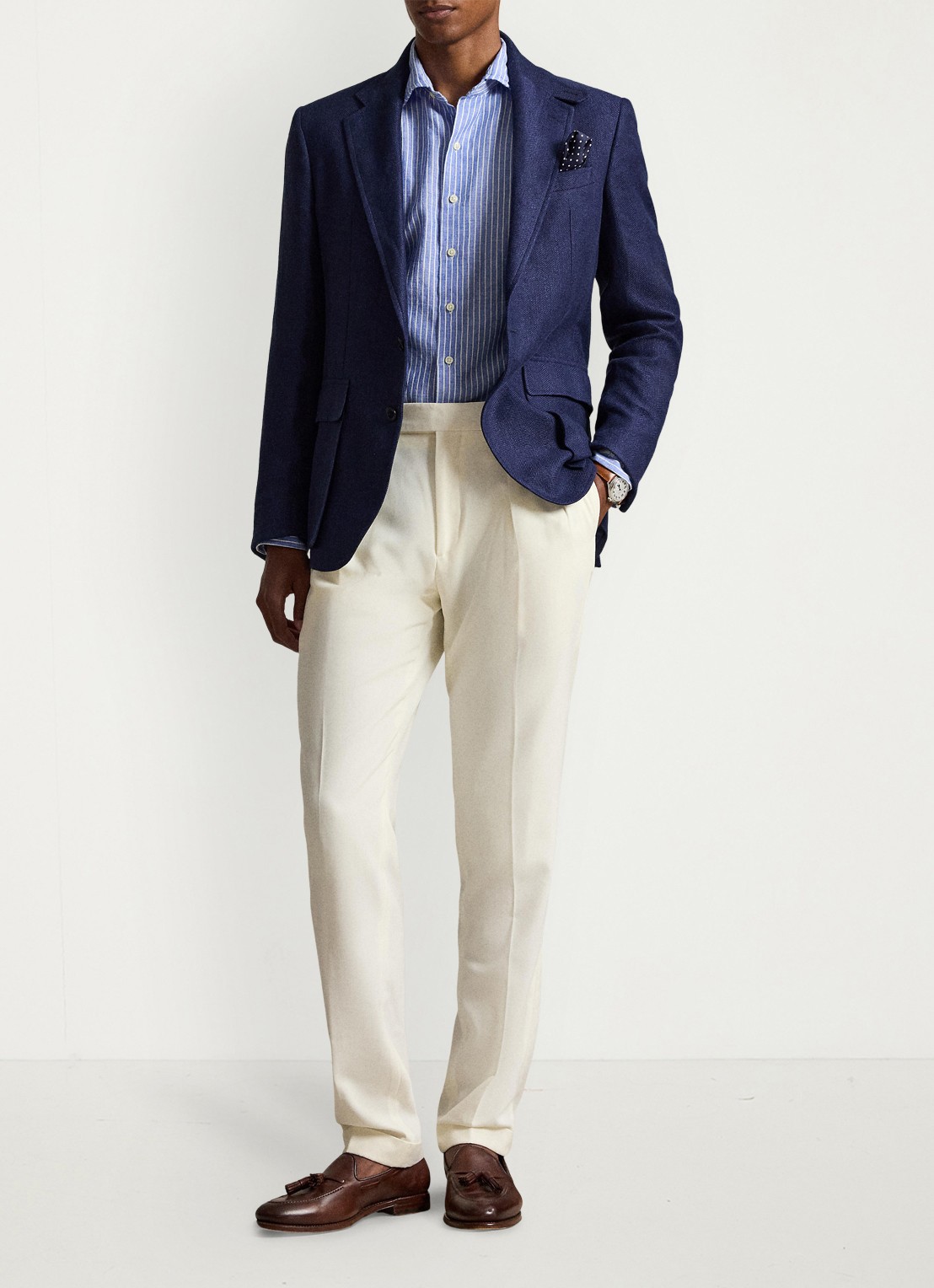 Ralph Lauren Custom fit overhemd in linnenblend met streepprint - detail 3 new iris blue white / blauw
