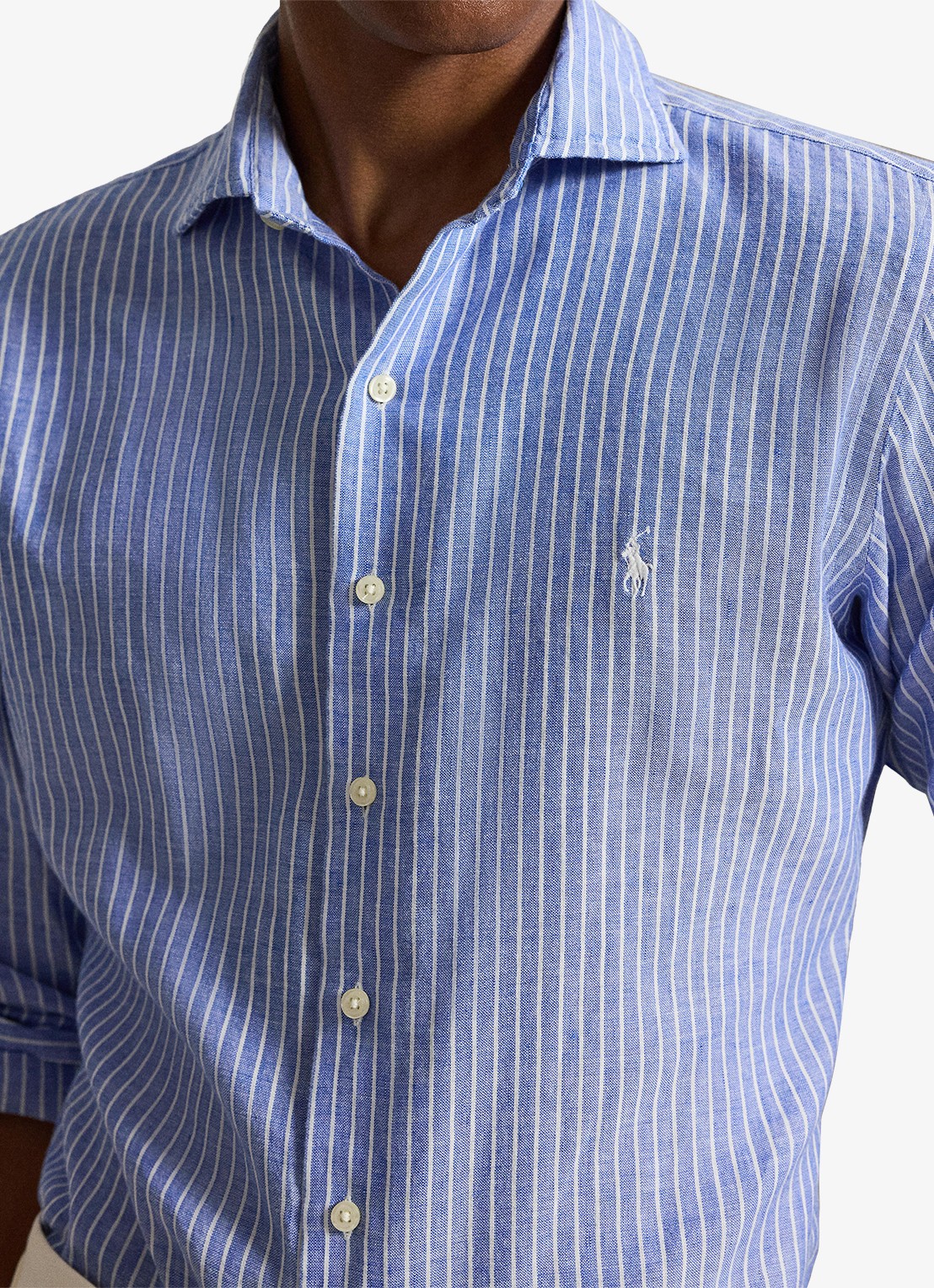 Ralph Lauren Custom fit overhemd in linnenblend met streepprint - detail 4 new iris blue white / blauw