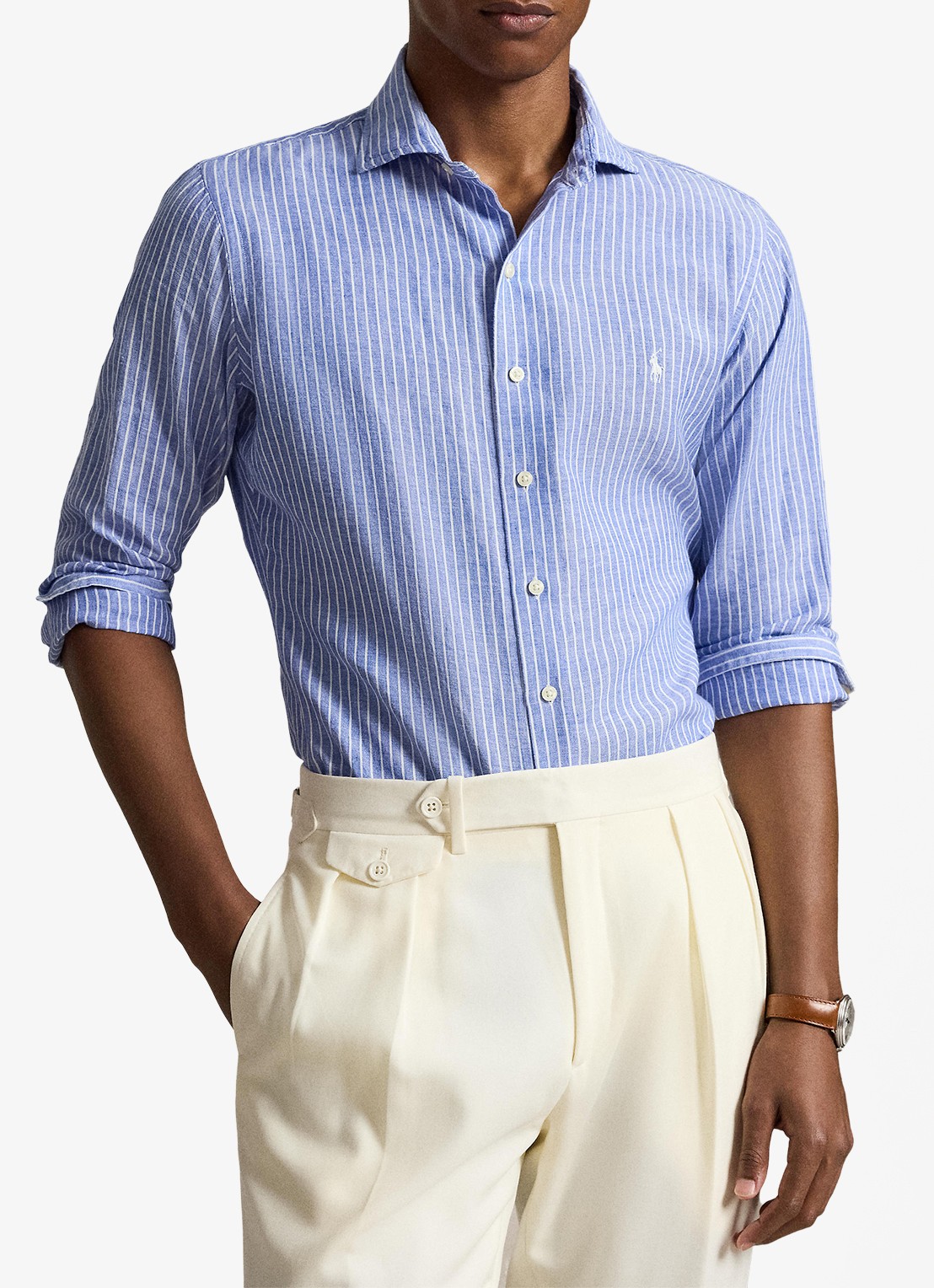 Ralph Lauren Custom fit overhemd in linnenblend met streepprint - voorkant 2 new iris blue white / blauw