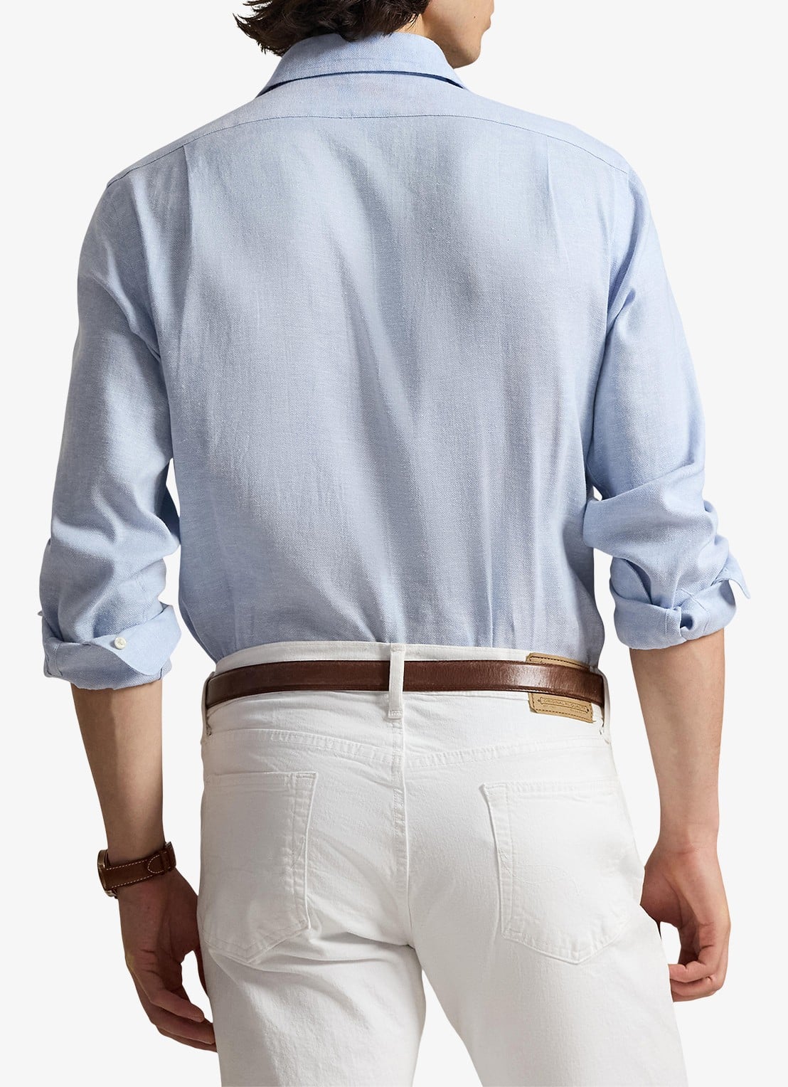 Ralph Lauren Custom fit overhemd in linnenblend - achterkant 3 7189 blue white / blauw