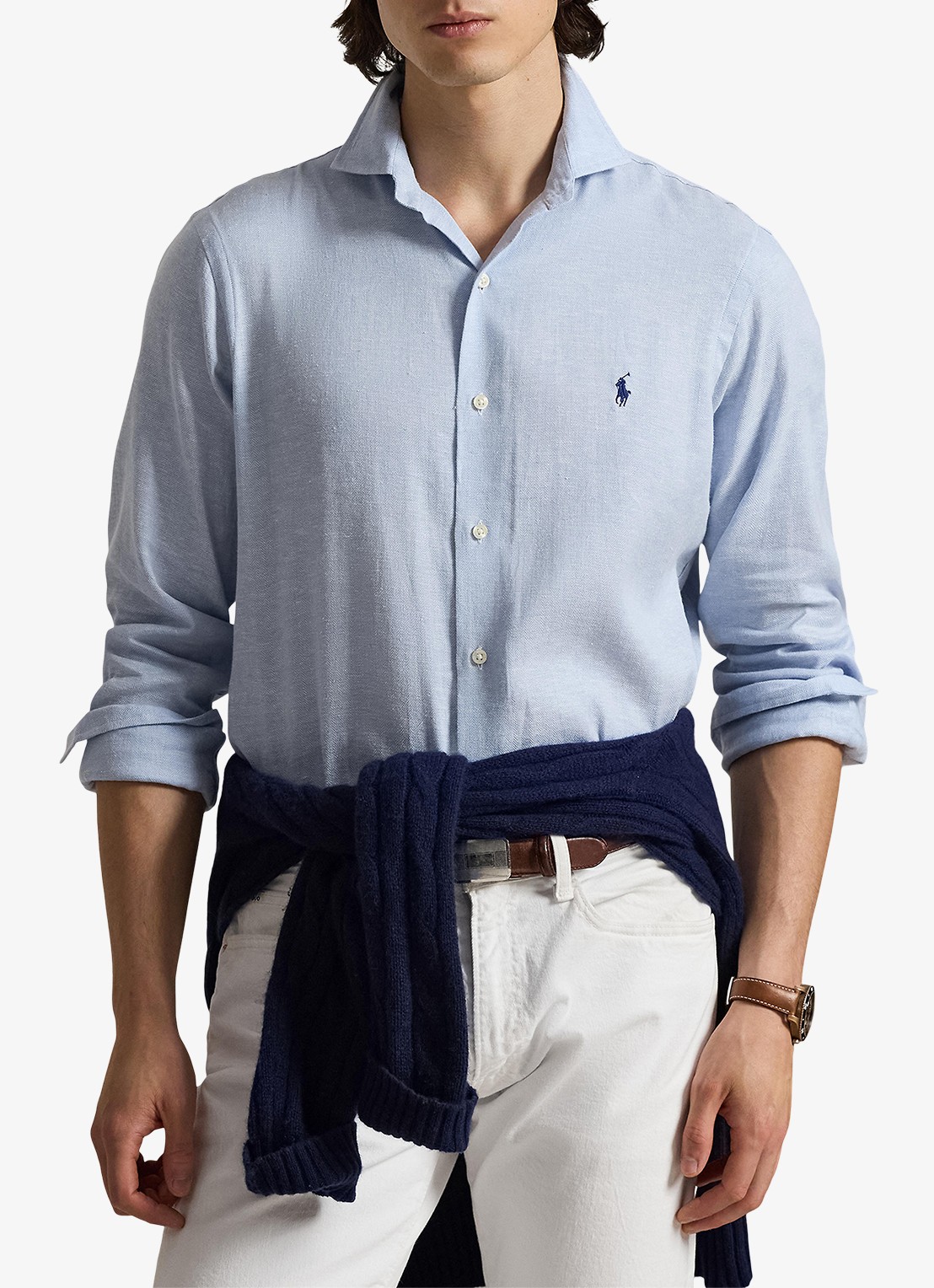 Ralph Lauren Custom fit overhemd in linnenblend - detail 4 7189 blue white / blauw