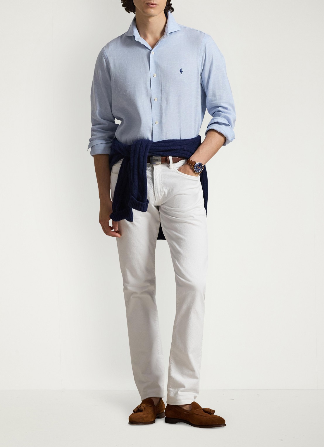 Ralph Lauren Custom fit overhemd in linnenblend - voorkant 2 7189 blue white / blauw
