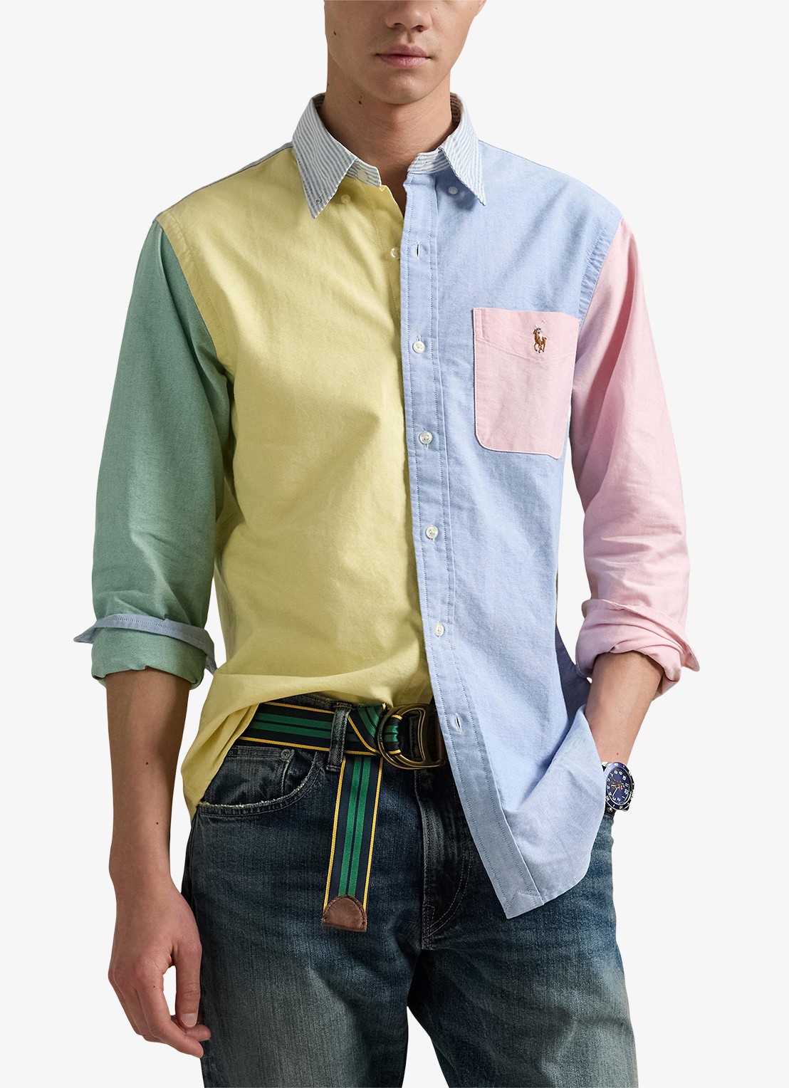 Ralph Lauren Custom fit overhemd met colour blocking en logoborduring - detail 4 funshirt / geel