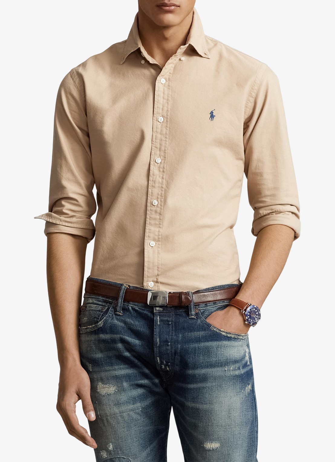 Ralph Lauren Custom fit overhemd met logoborduring - detail surrey tan / bruin