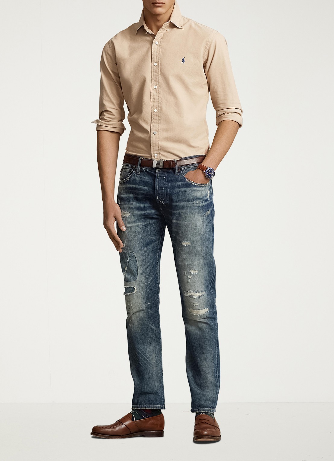 Ralph Lauren Custom fit overhemd met logoborduring - voorkant 5 surrey tan / bruin