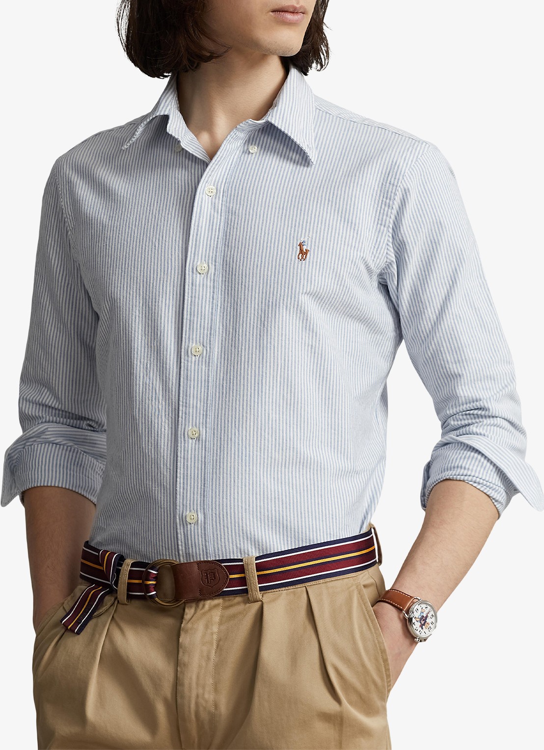 Ralph Lauren Custom fit overhemd met logoborduring - detail blue white stripe / blauw