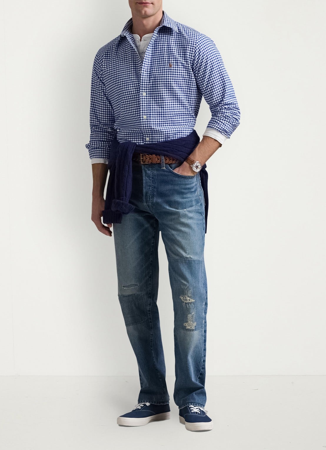 Ralph Lauren Custom fit overhemd met logoborduring - voorkant 2 blue white gingham / blauw