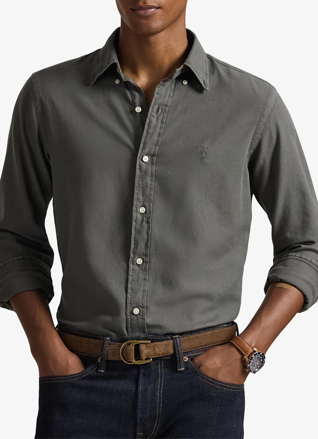 Ralph Lauren Custom fit overhemd met logoborduring - detail dark metal / donkergrijs