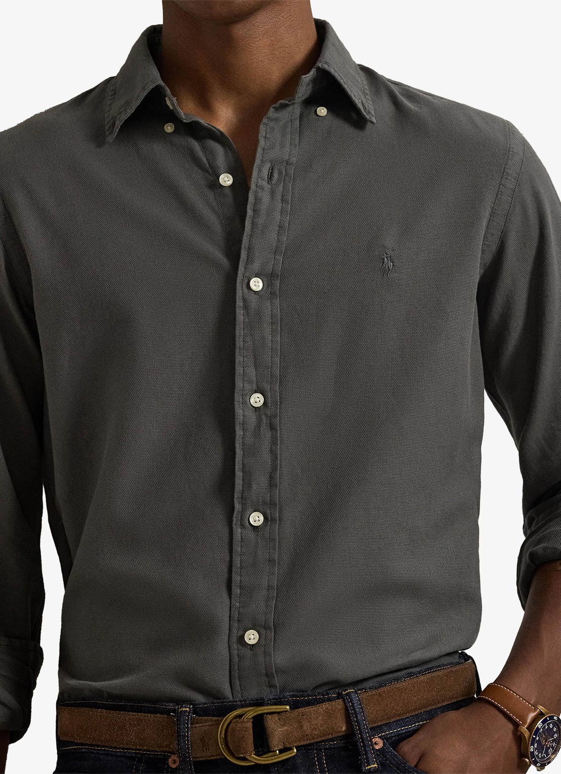 Ralph Lauren Custom fit overhemd met logoborduring - detail 2 dark metal / donkergrijs