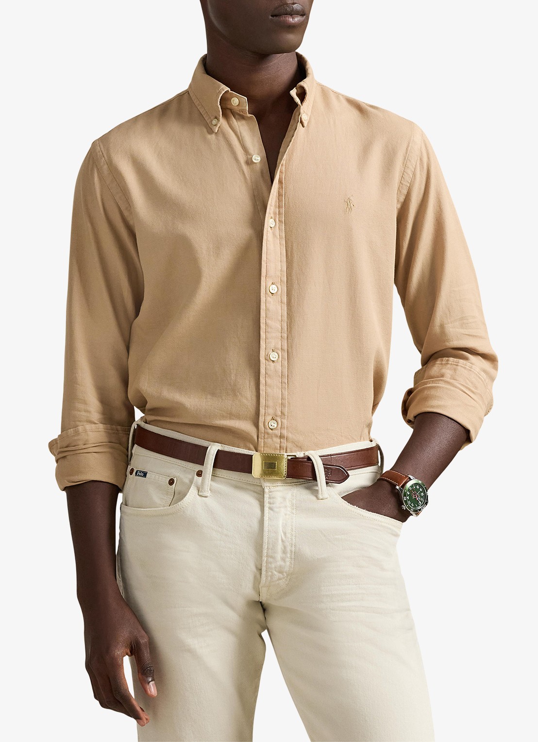 Ralph Lauren Custom fit overhemd met logoborduring - detail 2 surrey tan / bruin