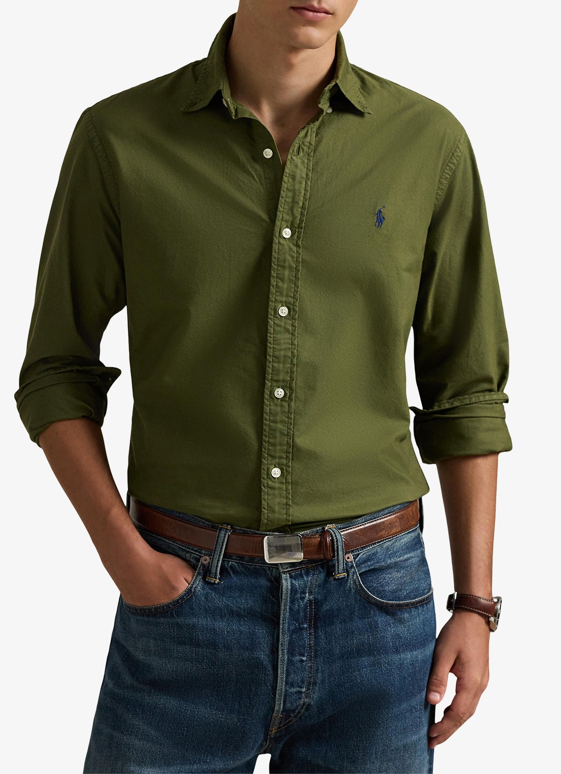 Ralph Lauren Custom fit overhemd met logoborduring - detail new olive / olijfgroen