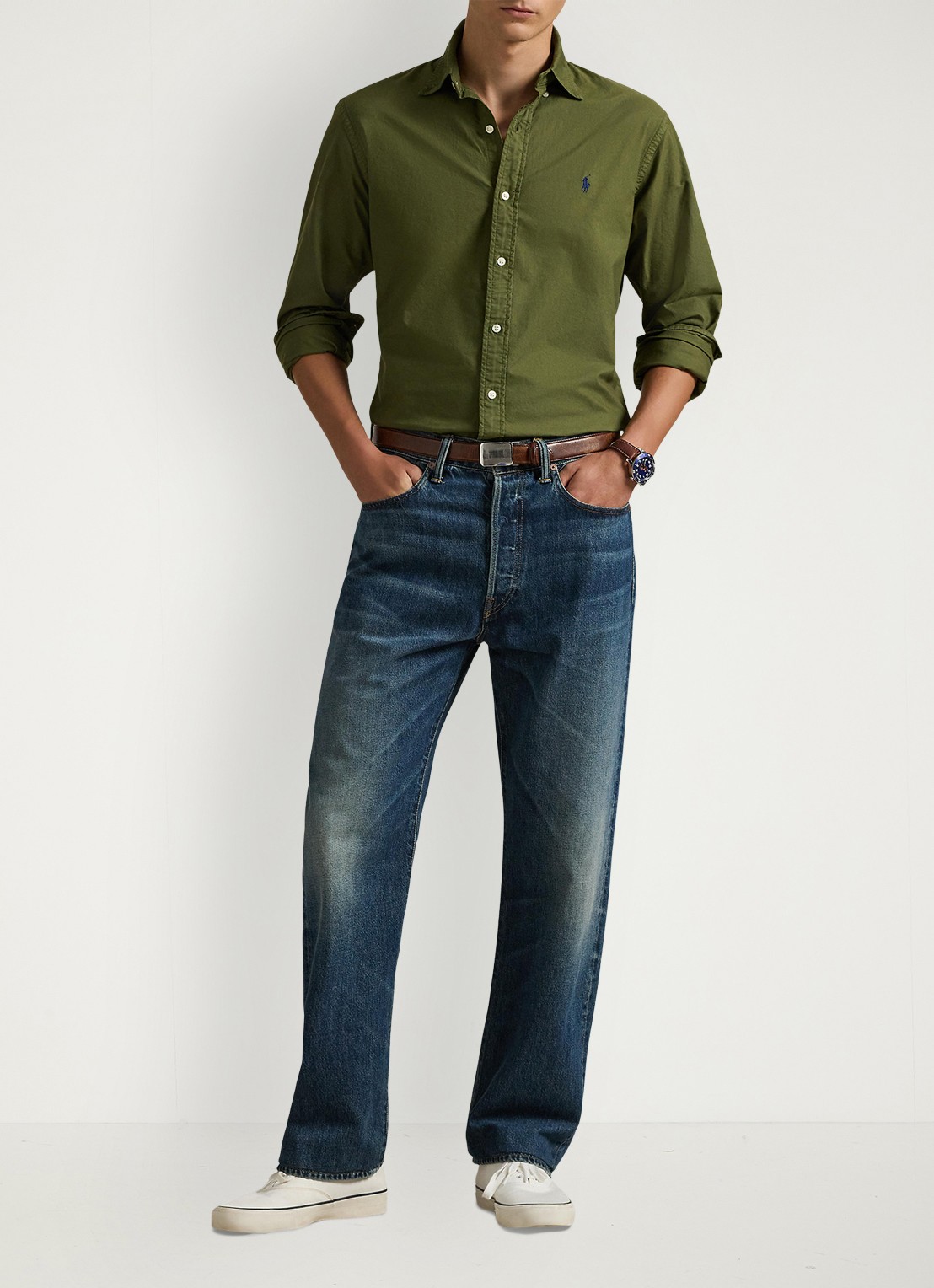 Ralph Lauren Custom fit overhemd met logoborduring - voorkant 5 new olive / olijfgroen
