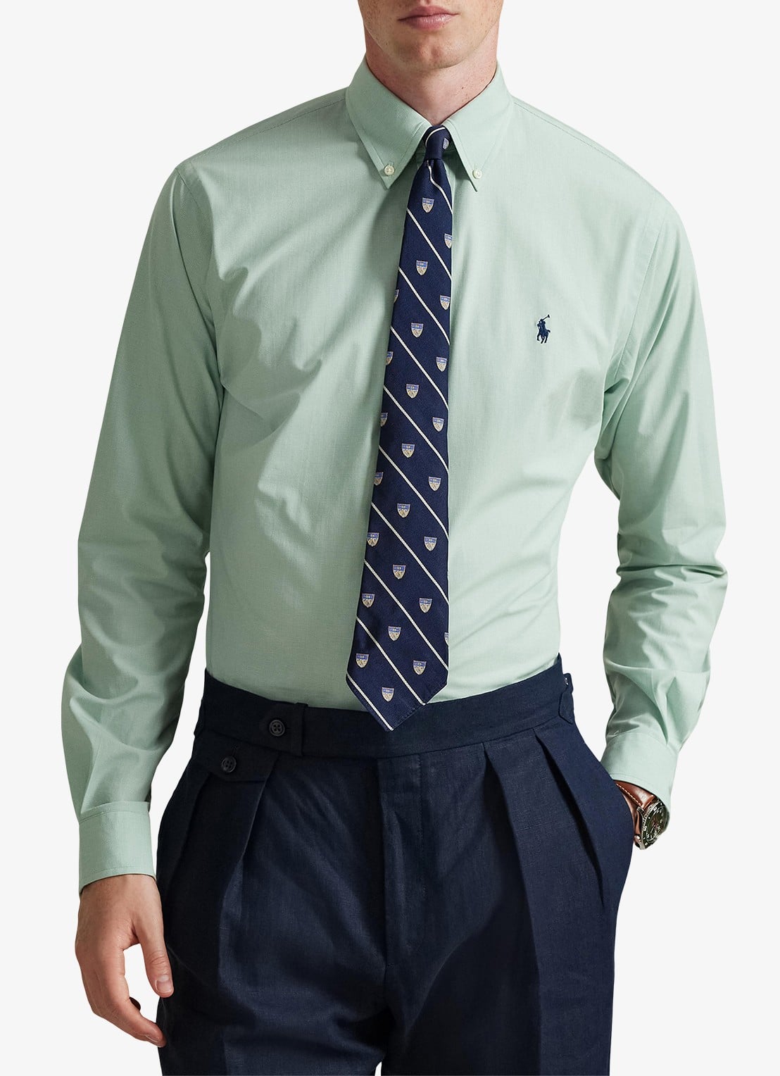 Ralph Lauren Custom fit overhemd met logoborduring - detail essex green white / lindegroen