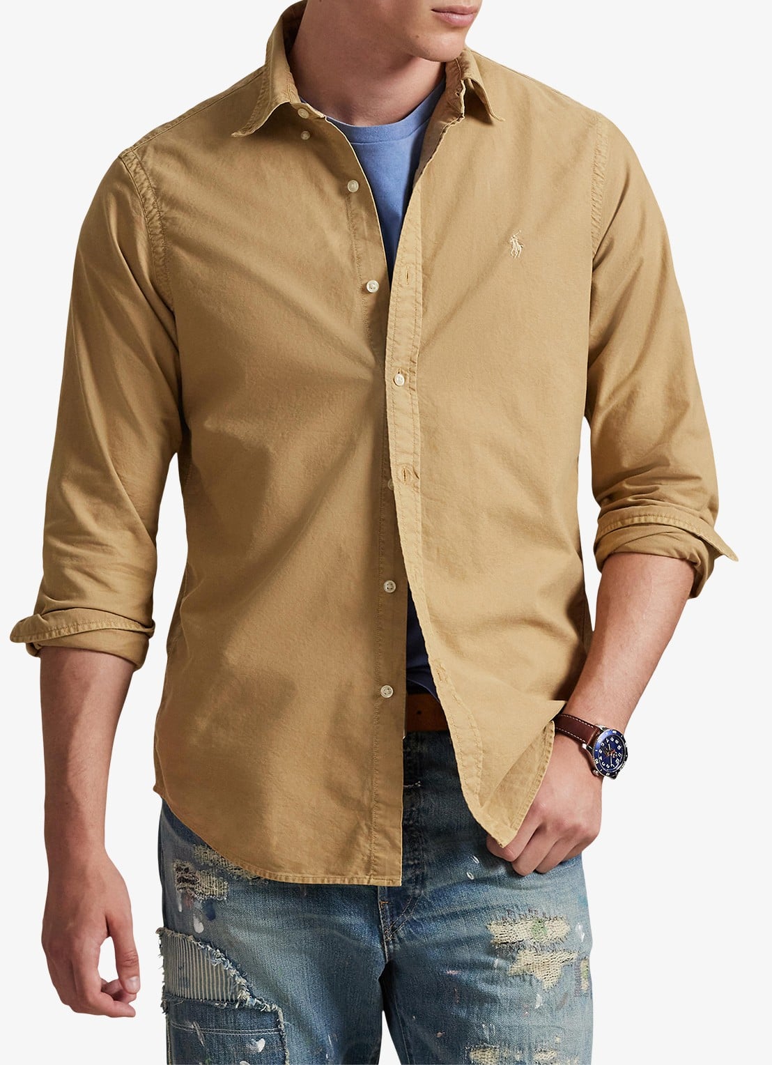 Ralph Lauren Custom fit overhemd met logoborduring - detail 2 cafe tan