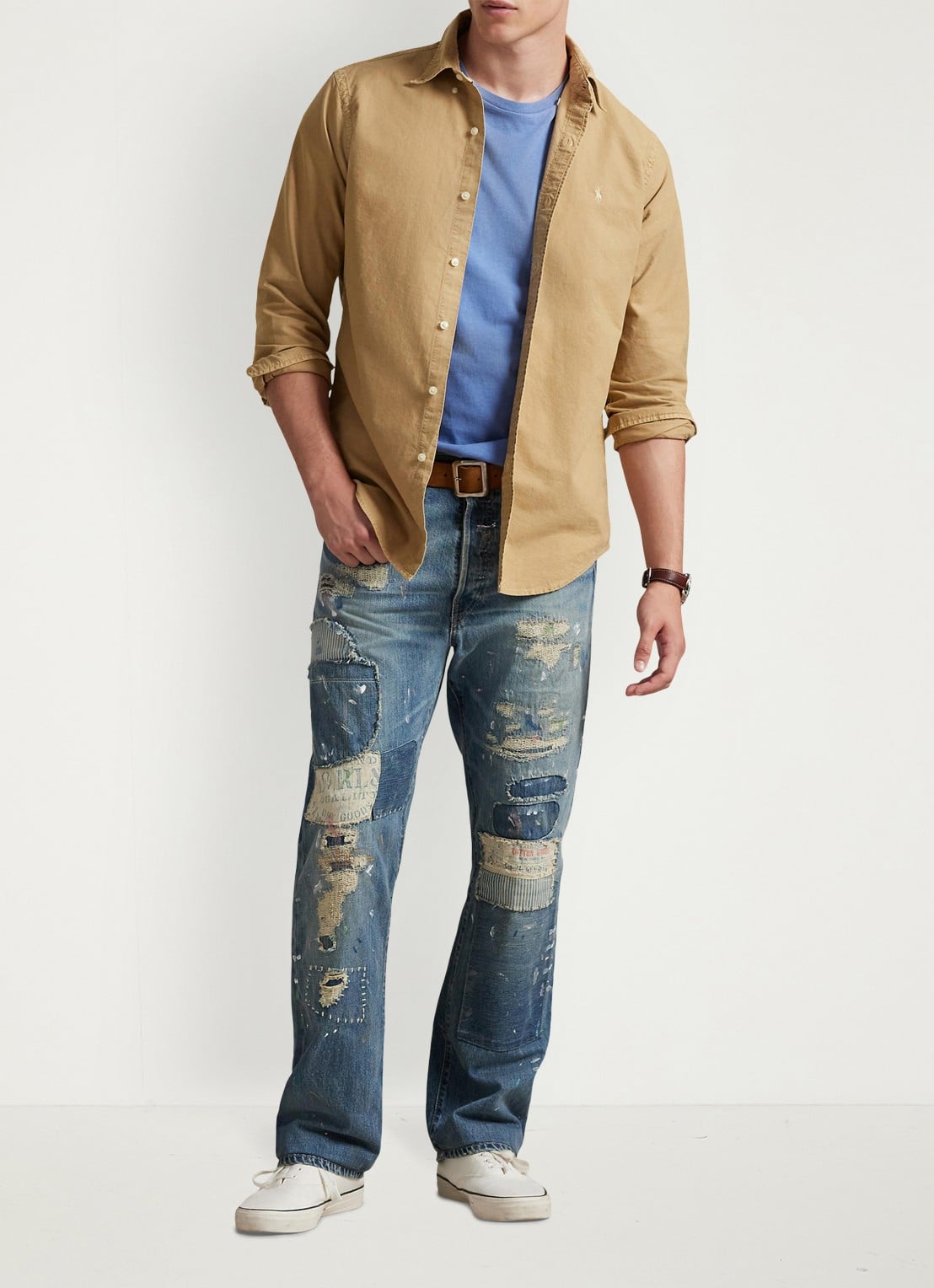 Ralph Lauren Custom fit overhemd met logoborduring - voorkant 5 cafe tan