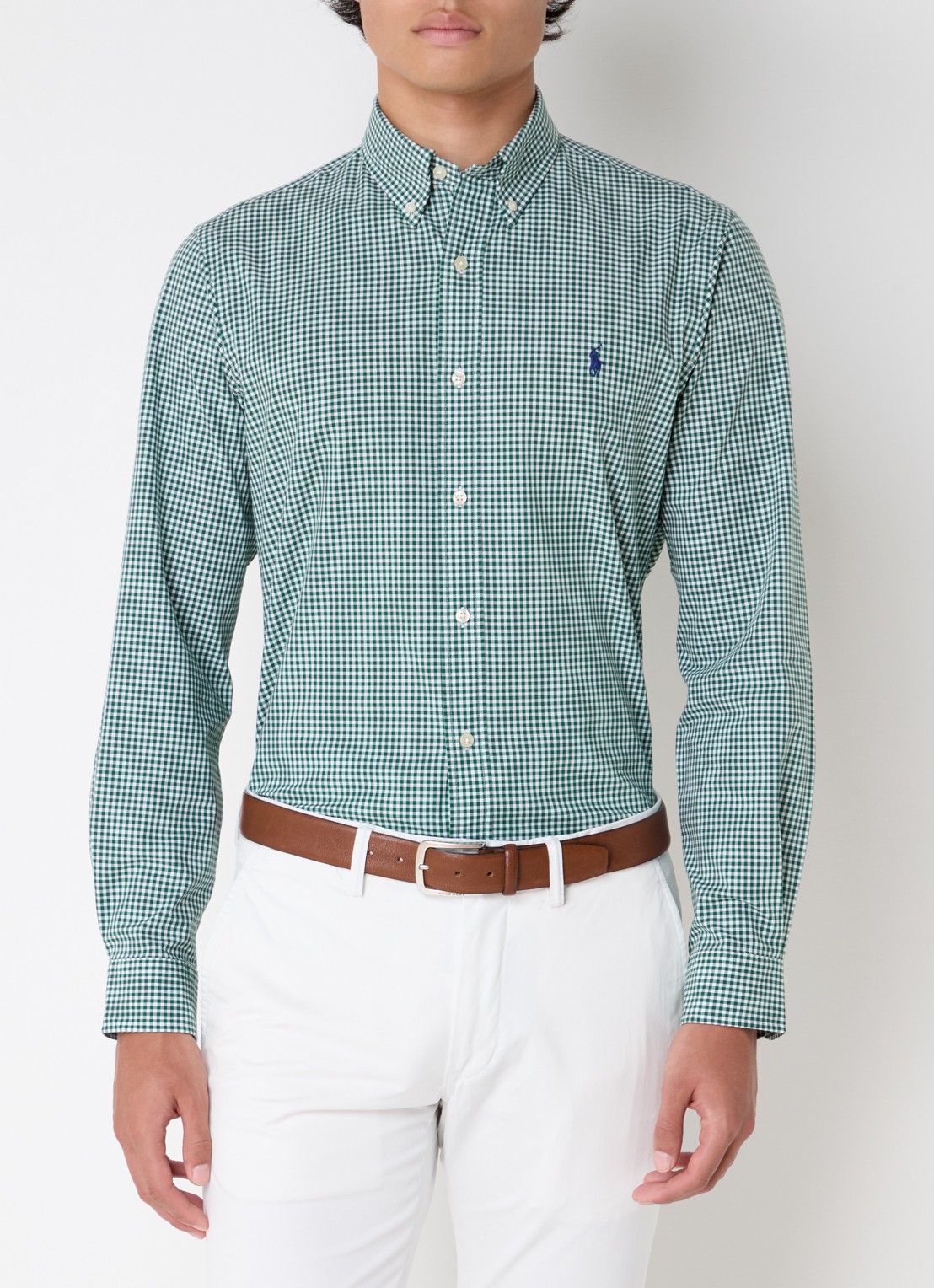 Ralph Lauren Custom fit overhemd met ruitdessin en logoborduring - detail 3 pine/white / groen