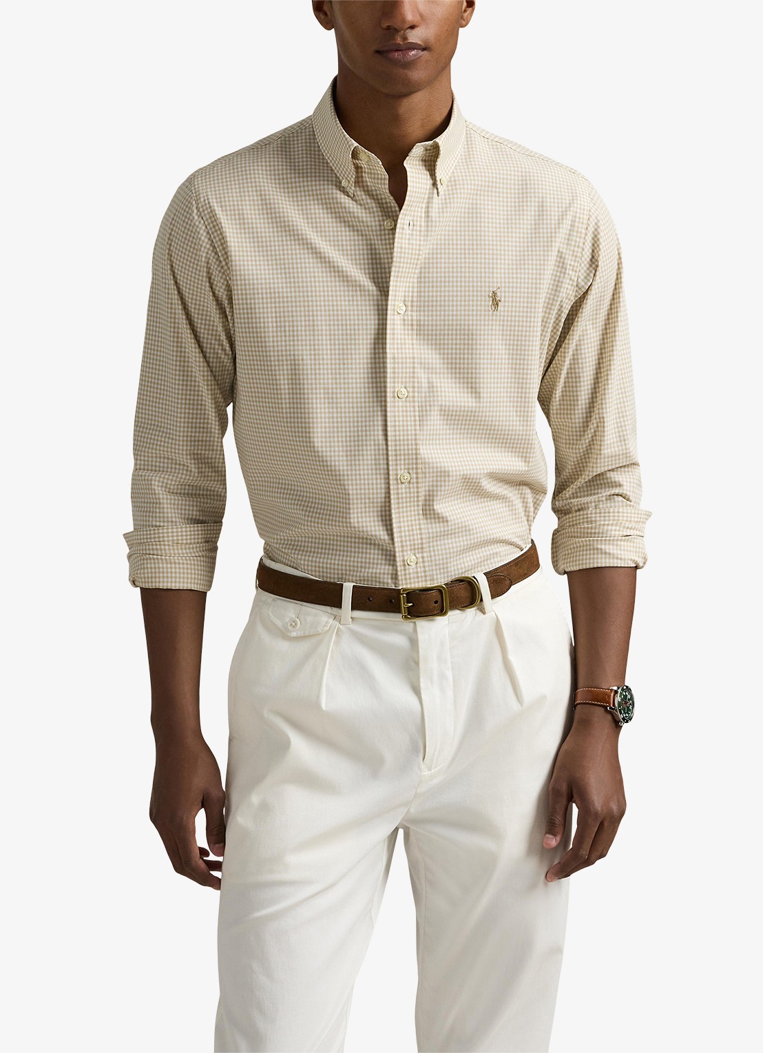 Ralph Lauren Custom fit overhemd met ruitdessin en logoborduring - detail 3 coastal beige/white / beige
