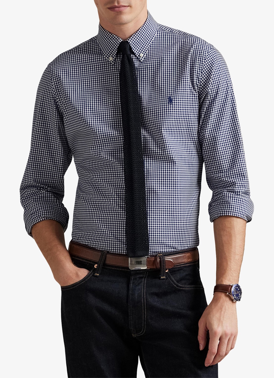 Ralph Lauren Custom fit overhemd met ruitdessin en logoborduring - detail 4 newport navy white / donkerblauw