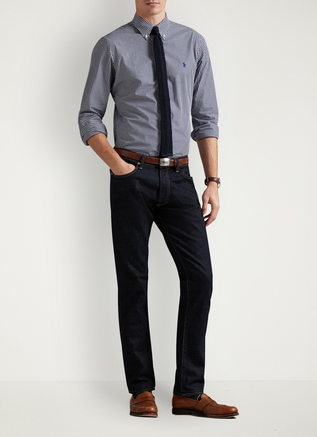 Ralph Lauren Custom fit overhemd met ruitdessin en logoborduring - voorkant 3 newport navy white / donkerblauw