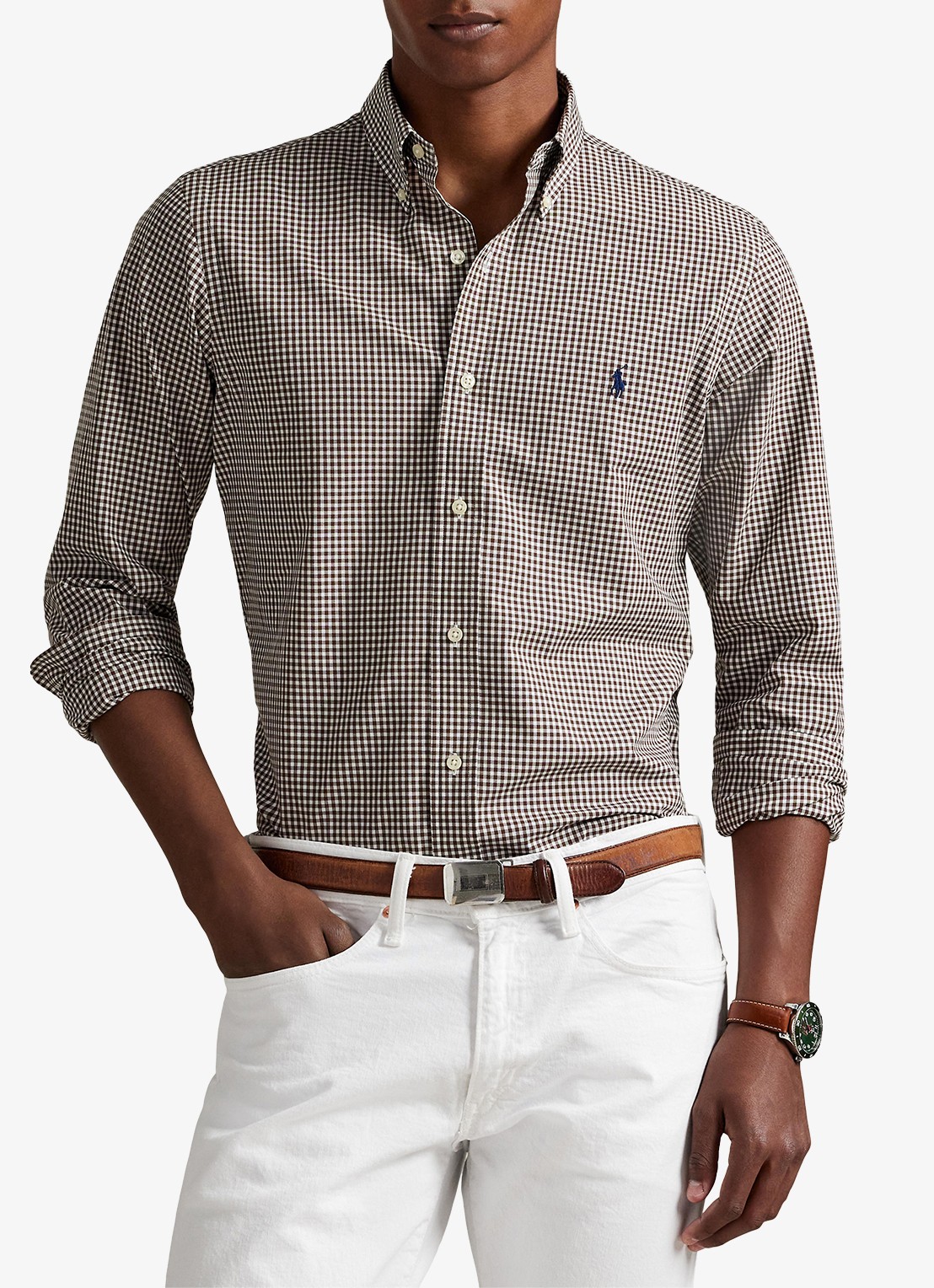 Ralph Lauren Custom fit overhemd met ruitdessin en logoborduring - detail 2 cooper brown white / bruin