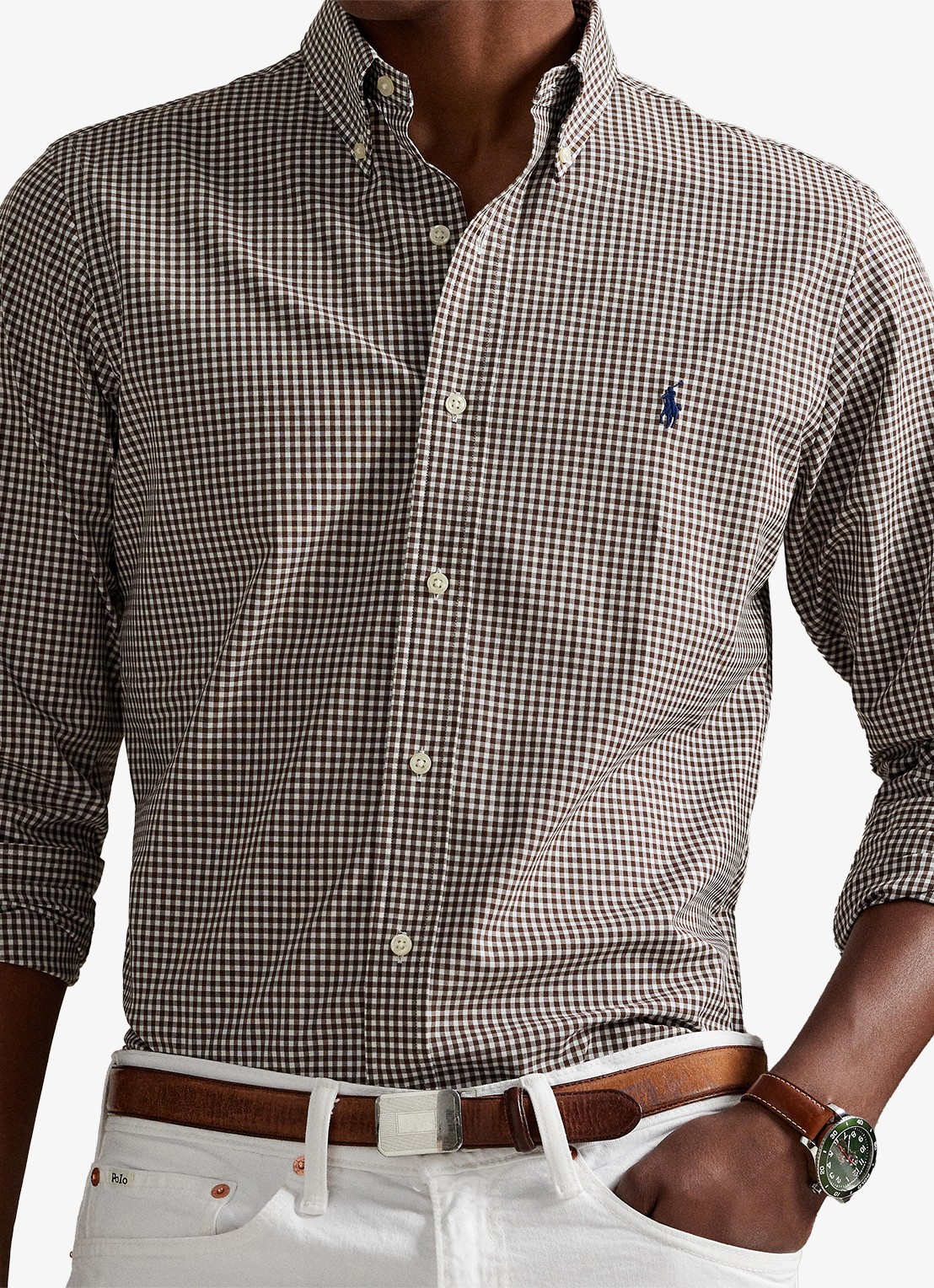 Ralph Lauren Custom fit overhemd met ruitdessin en logoborduring - detail 3 cooper brown white / bruin