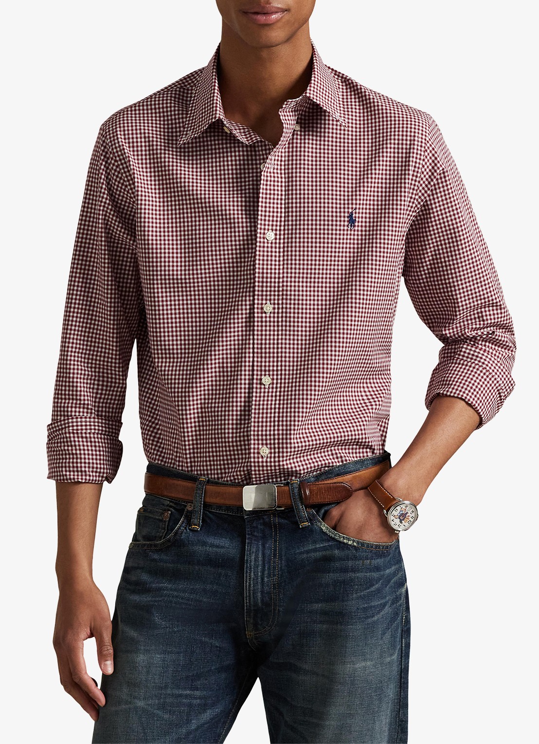 Ralph Lauren Custom fit overhemd met ruitdessin en logoborduring - detail classic wine white / wijnrood