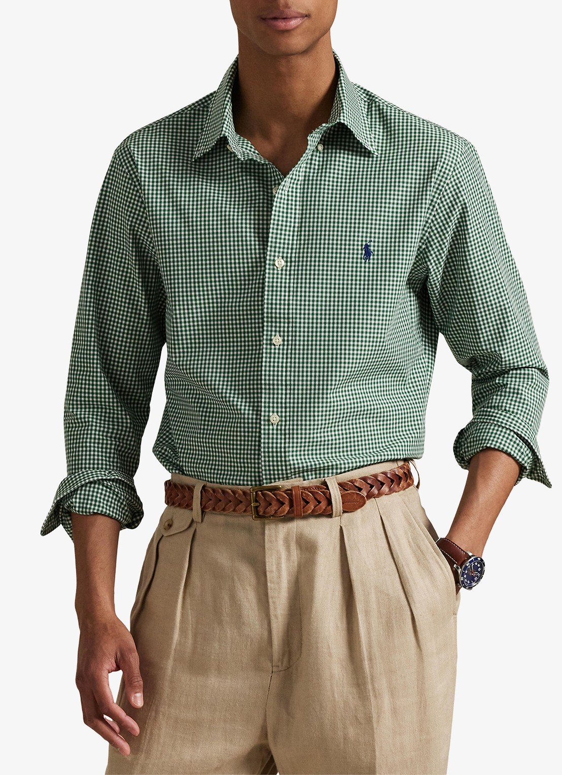 Ralph Lauren Custom fit overhemd met ruitdessin en logoborduring - detail new forest white / groen