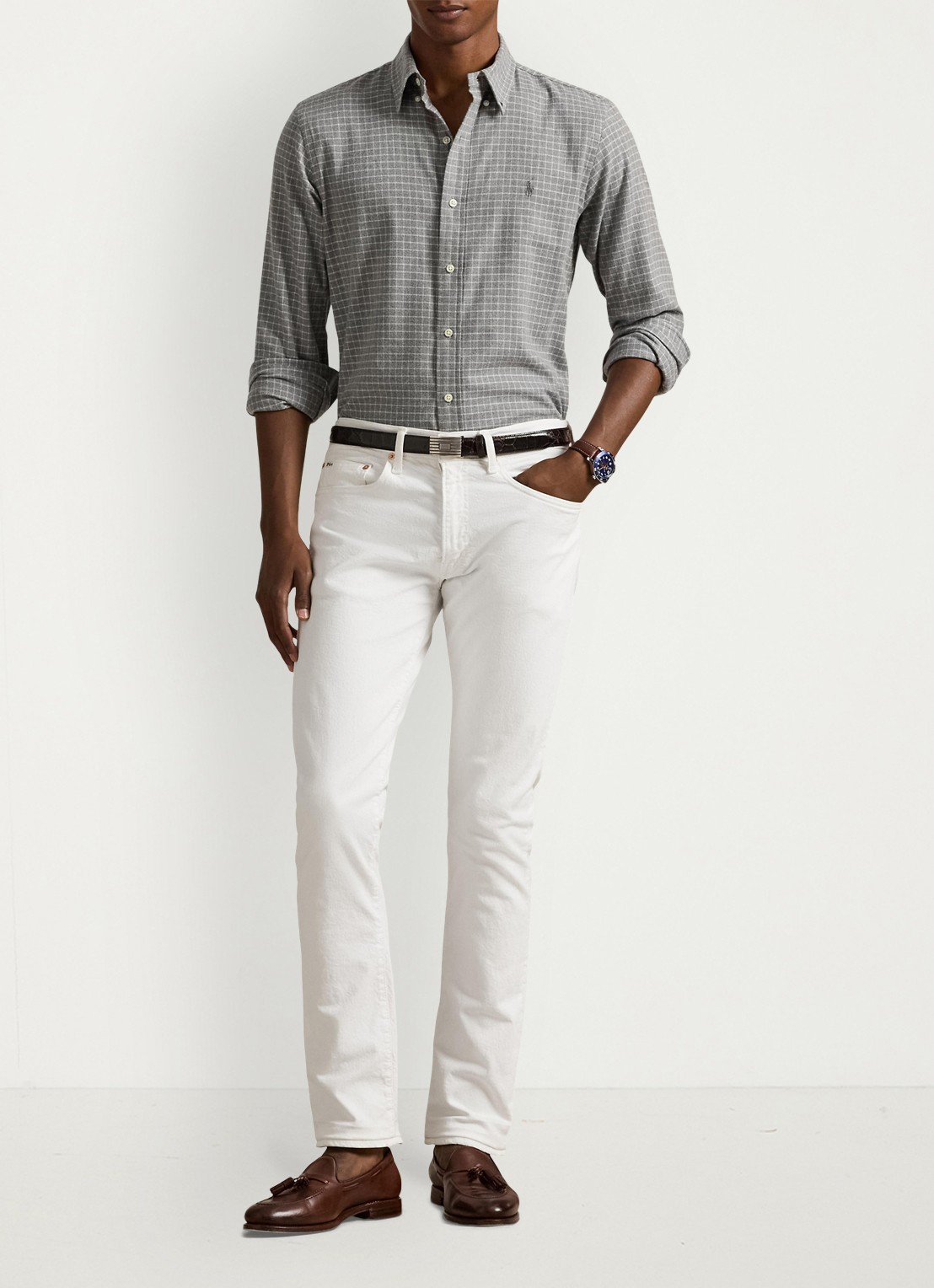 Ralph Lauren Custom fit overhemd met ruitdessin en logoborduring - voorkant 3 grey heather / grijs
