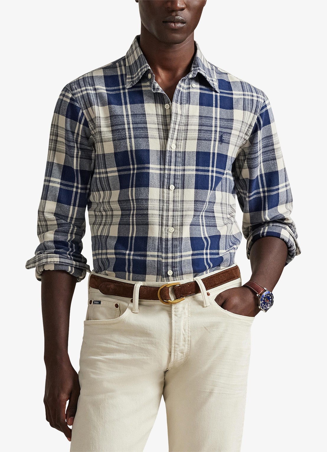 Ralph Lauren Custom fit overhemd met ruitdessin en logoborduring - detail off white navy / blauw