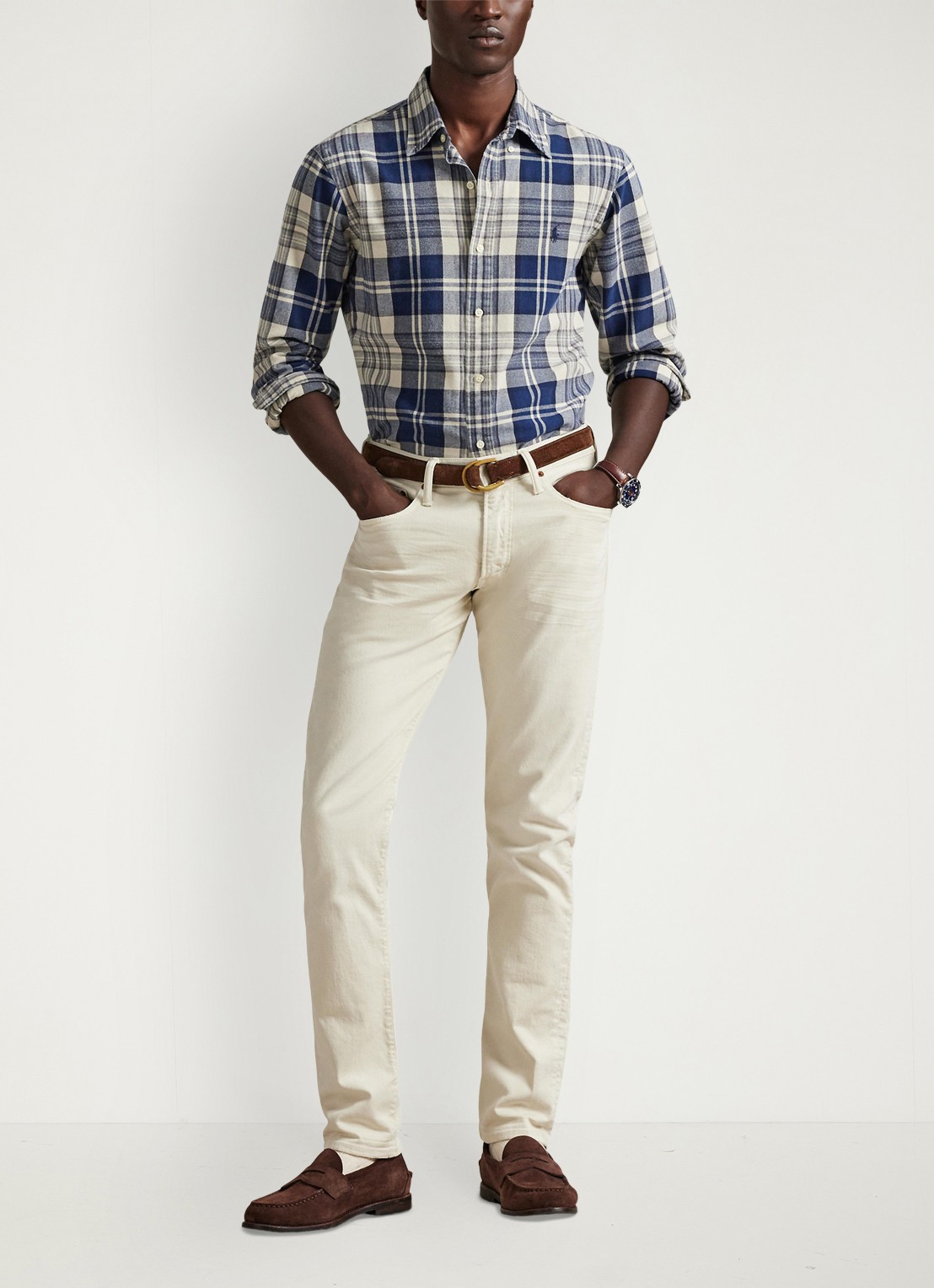 Ralph Lauren Custom fit overhemd met ruitdessin en logoborduring - voorkant 3 off white navy / blauw