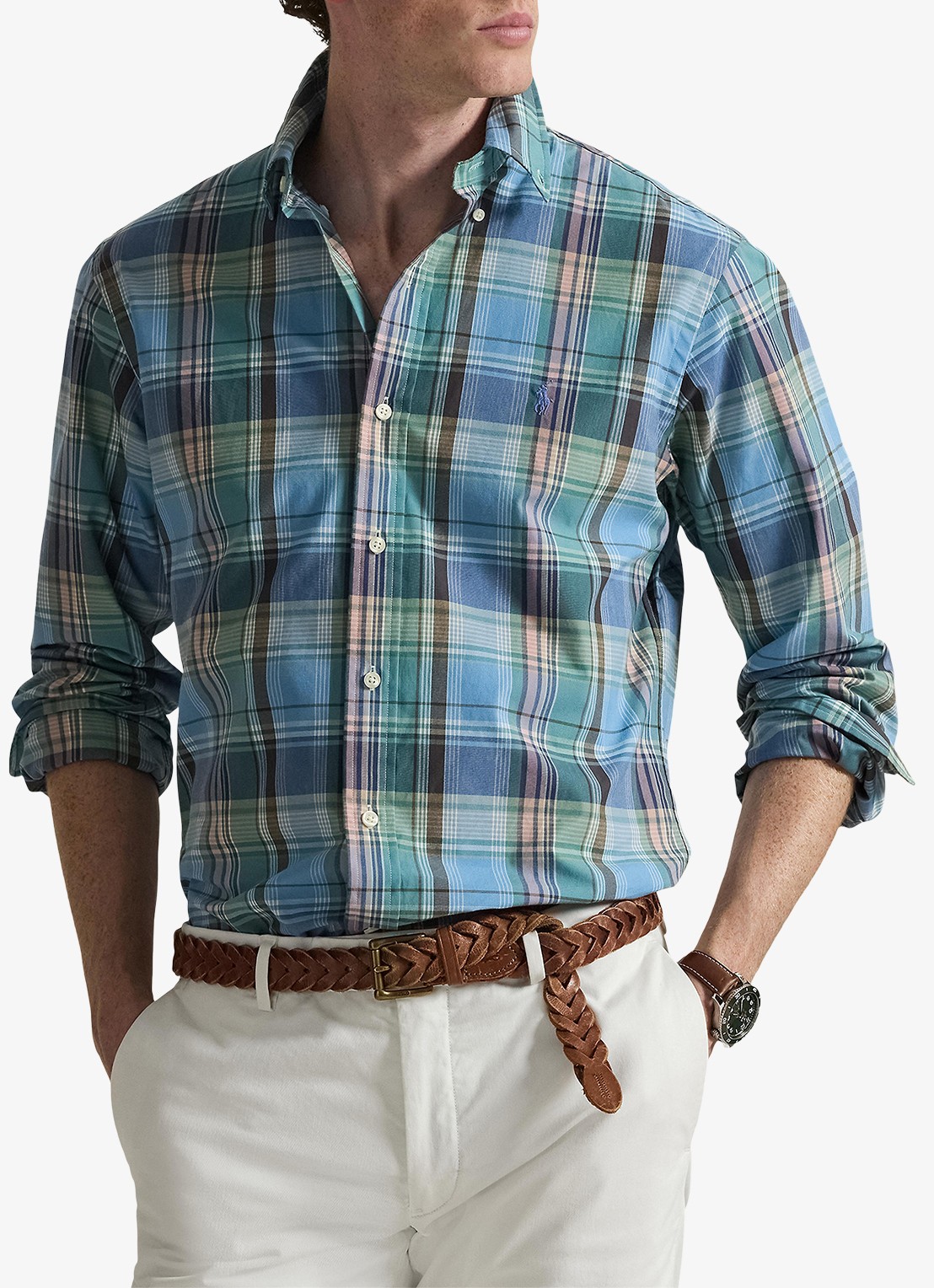 Ralph Lauren Custom fit overhemd met ruitdessin en logoborduring - detail 3 blue brown / blauw