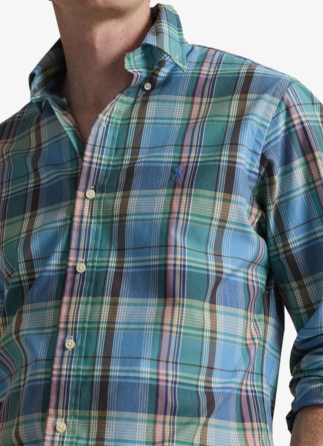 Ralph Lauren Custom fit overhemd met ruitdessin en logoborduring - detail 4 blue brown / blauw