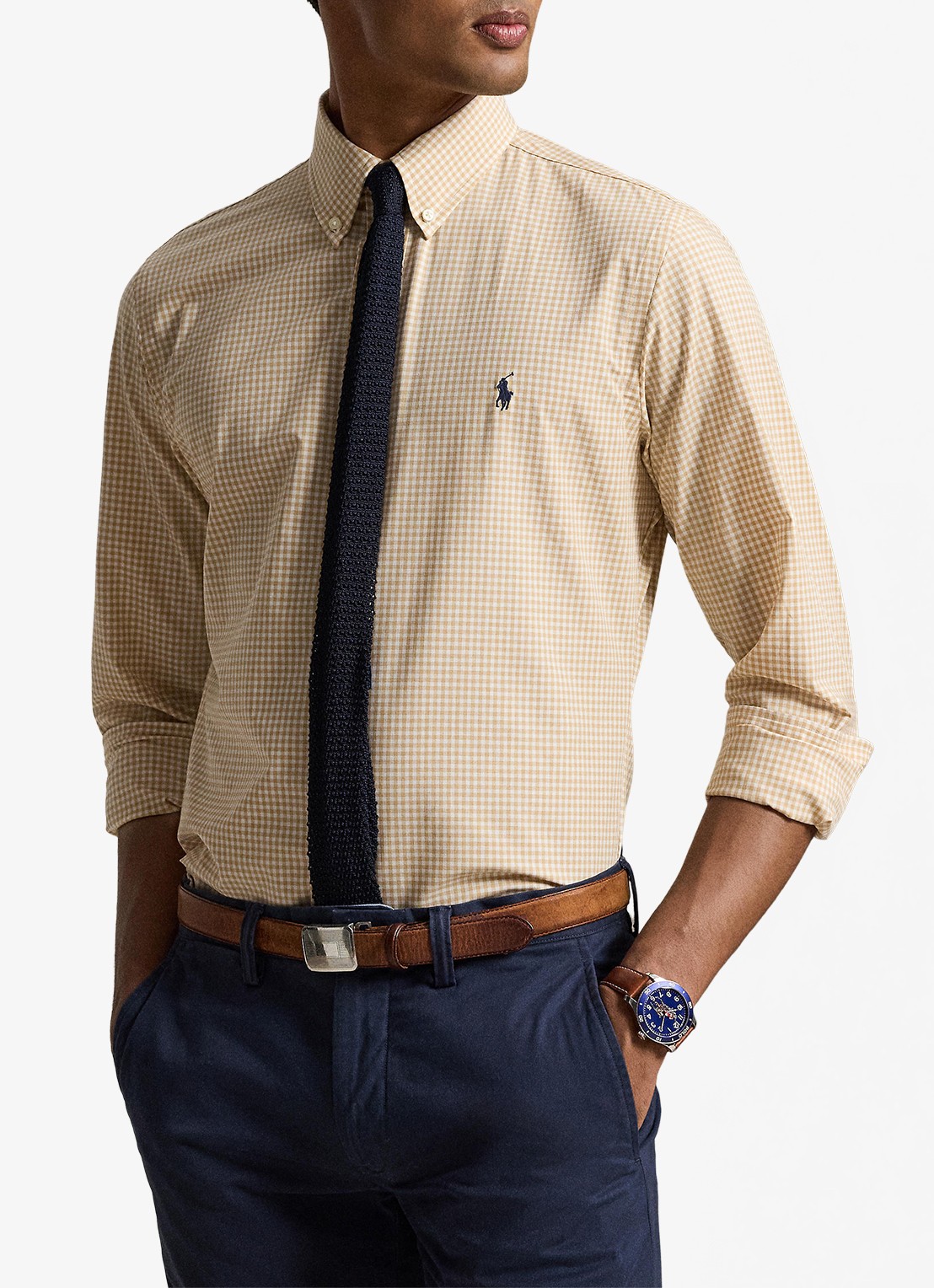 Ralph Lauren Custom fit overhemd met ruitdessin en logoborduring - voorkant 2 classic camel white / camel