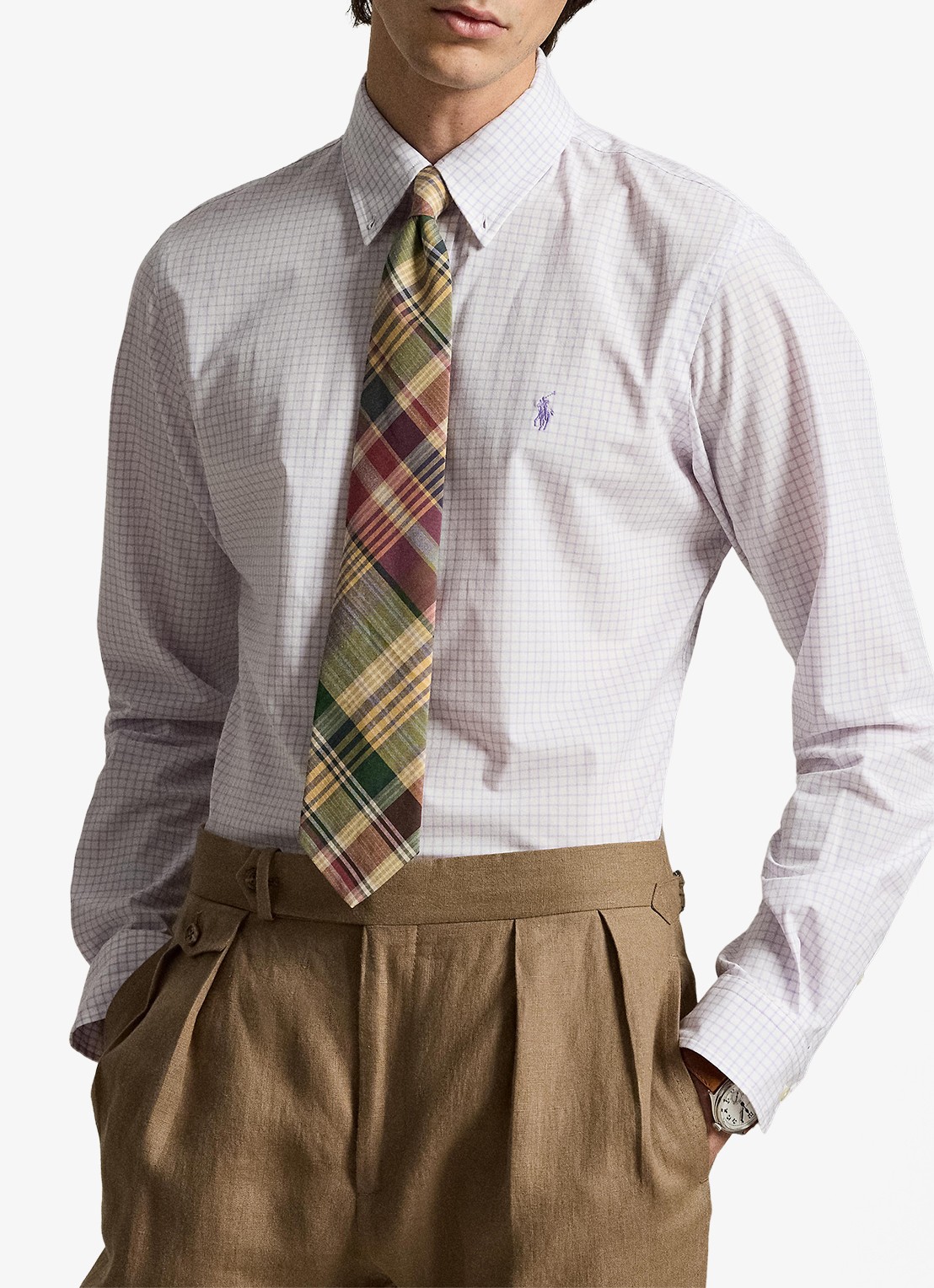 Ralph Lauren Custom fit overhemd met ruitdessin - voorkant 2 powder purple white / paars