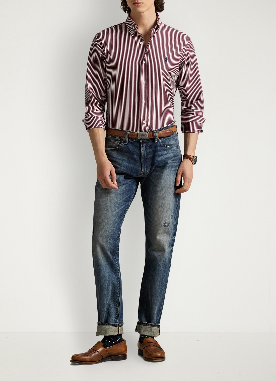 Ralph Lauren Custom fit overhemd met streepprint - voorkant 3 classic wine white / wijnrood