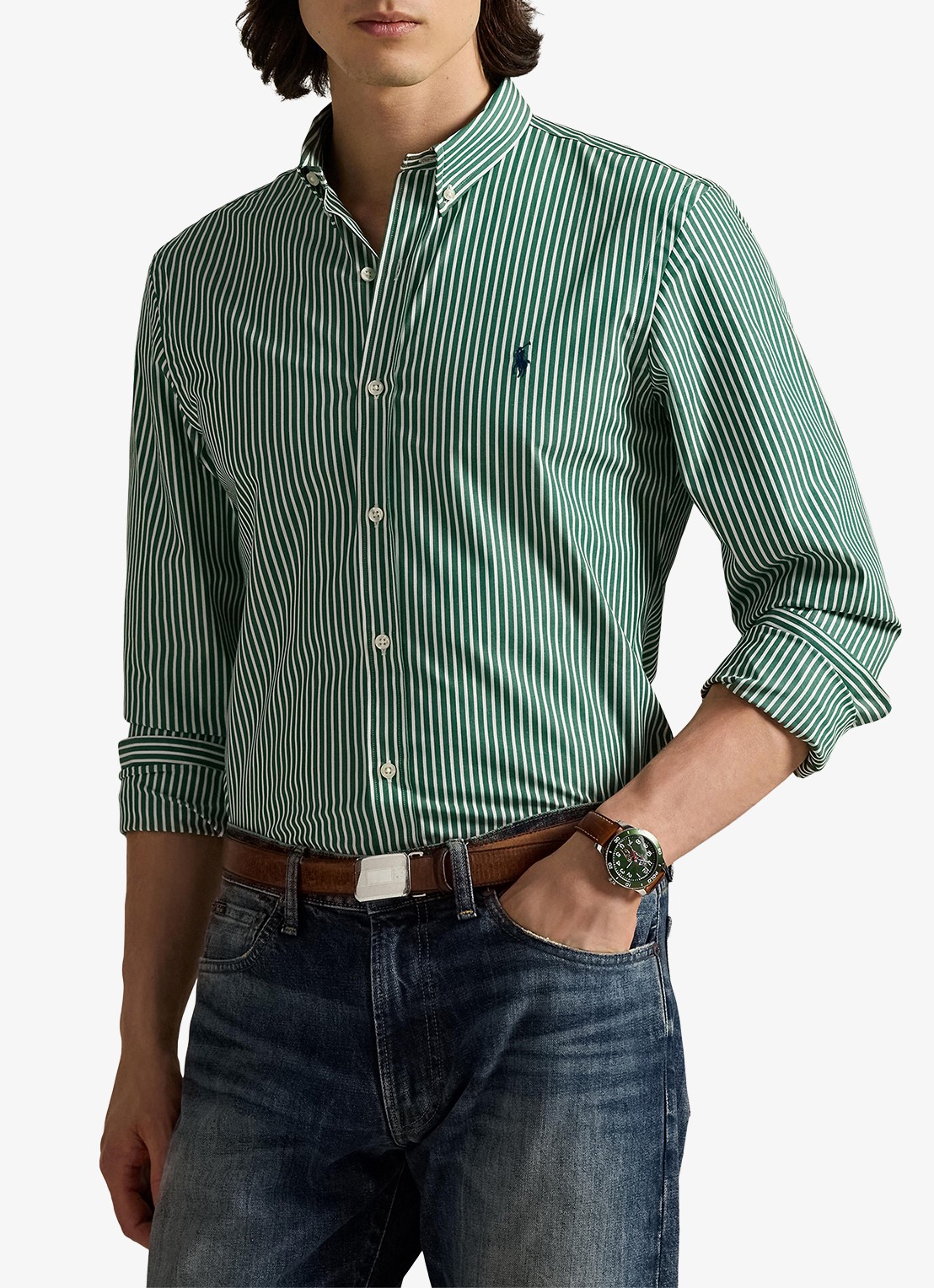 Ralph Lauren Custom fit overhemd met streepprint - detail new forest white / groen