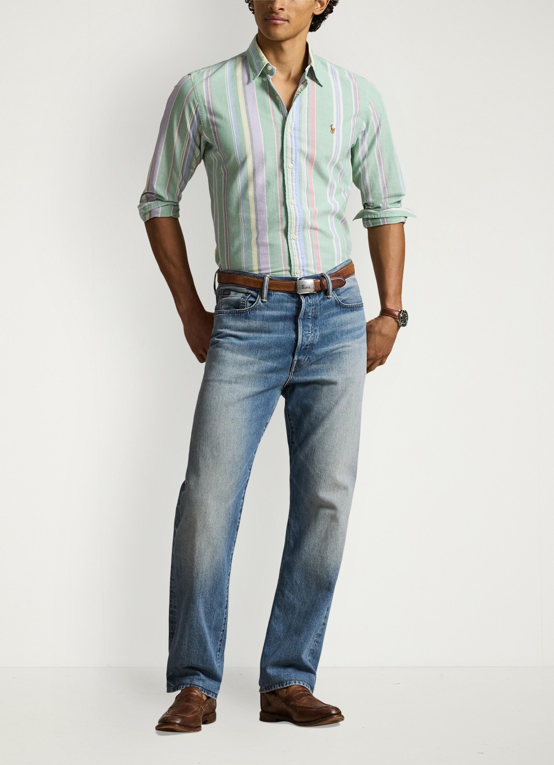 Ralph Lauren Custom fit overhemd met streepprint  - voorkant 3 lindegroen
