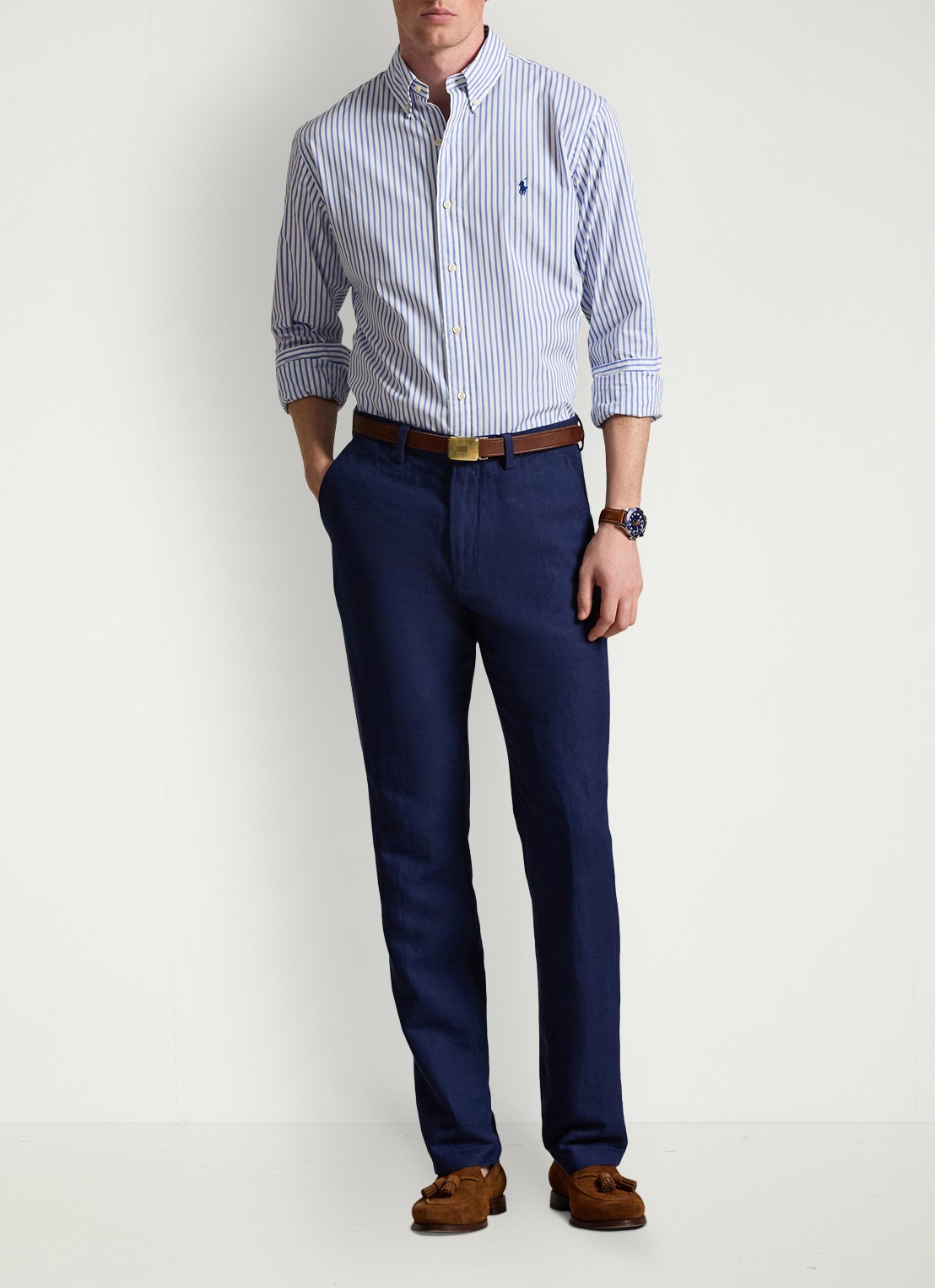 Ralph Lauren Custom fit overhemd met streepprint - voorkant 3 white blue / lichtblauw