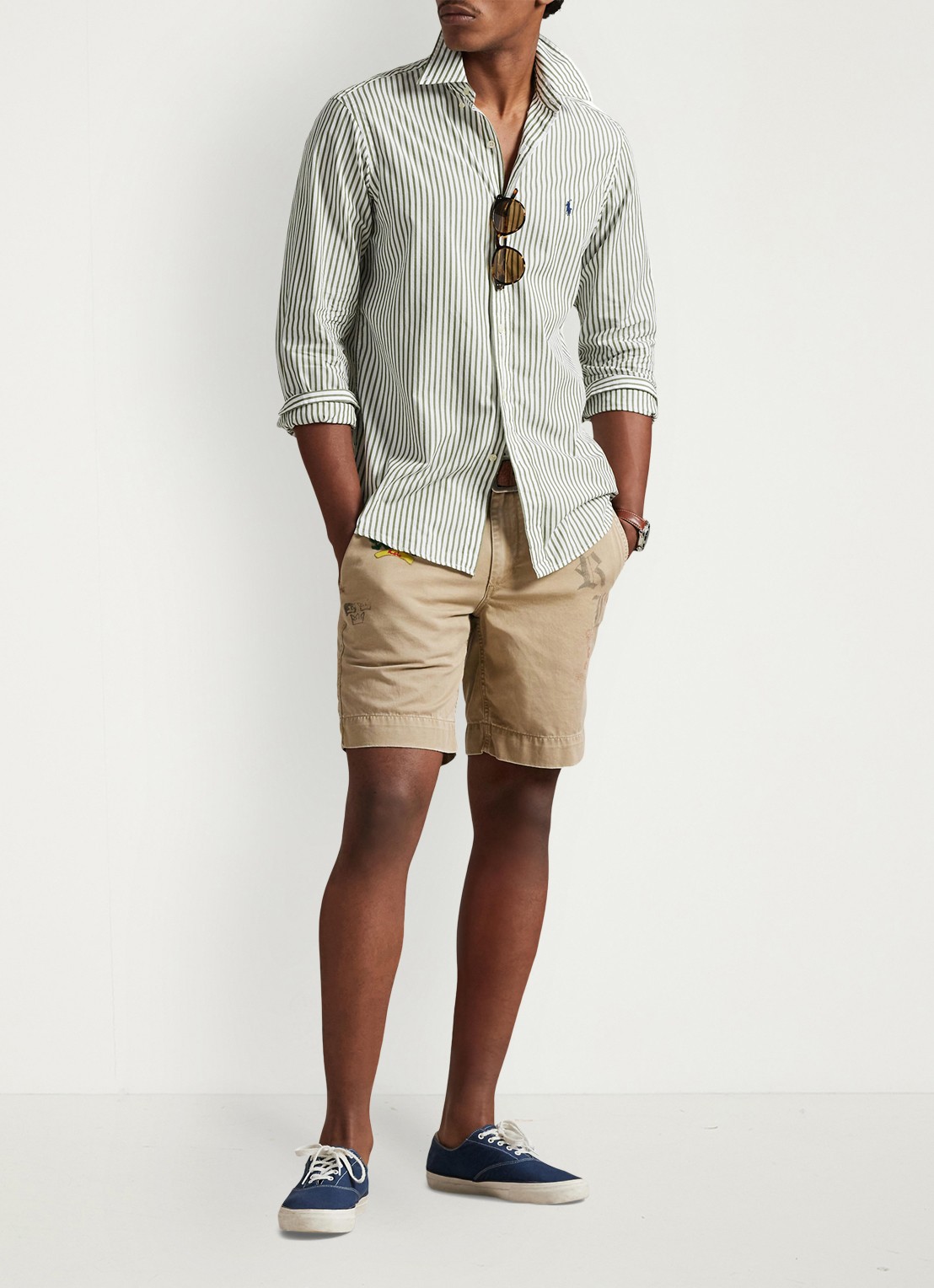 Ralph Lauren Custom fit overhemd met streepprint - voorkant 2 white garden trail / groen